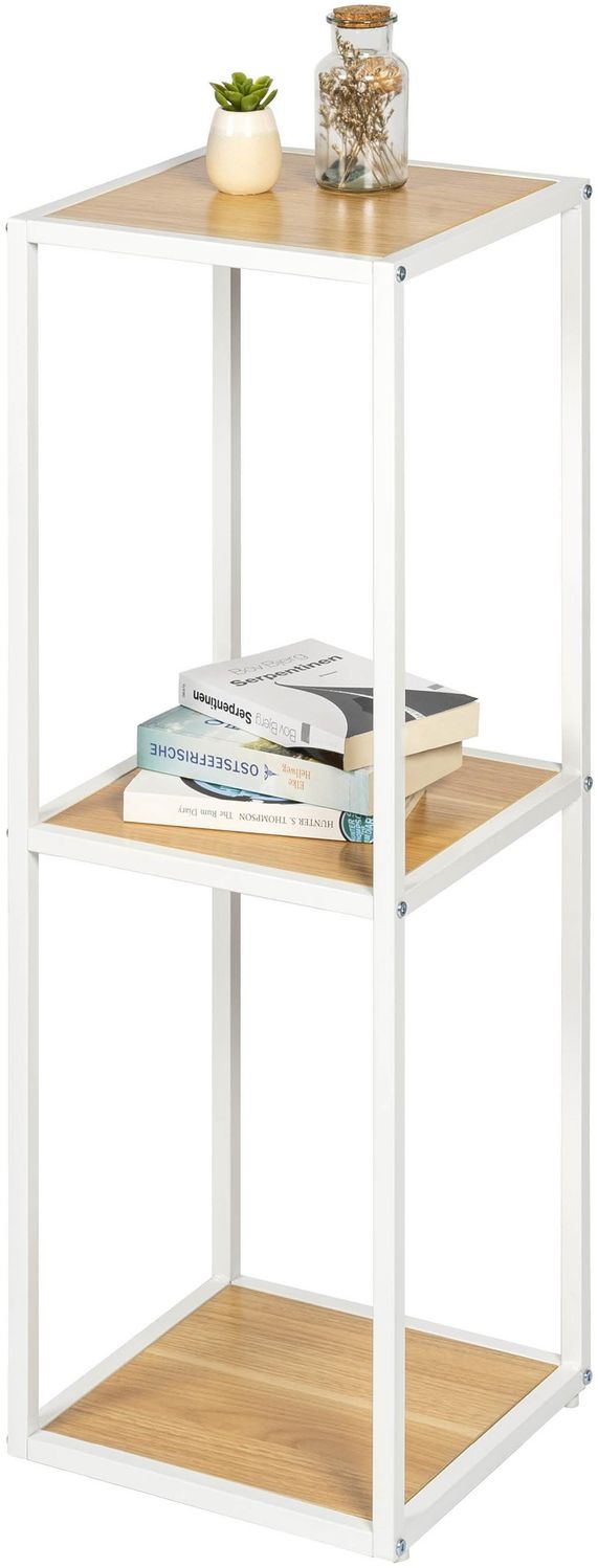 Standregal aus mattweißem Metall mit 3 Holzablageflächen, höhenverstellbare Füße, Bücherregal Bild 1