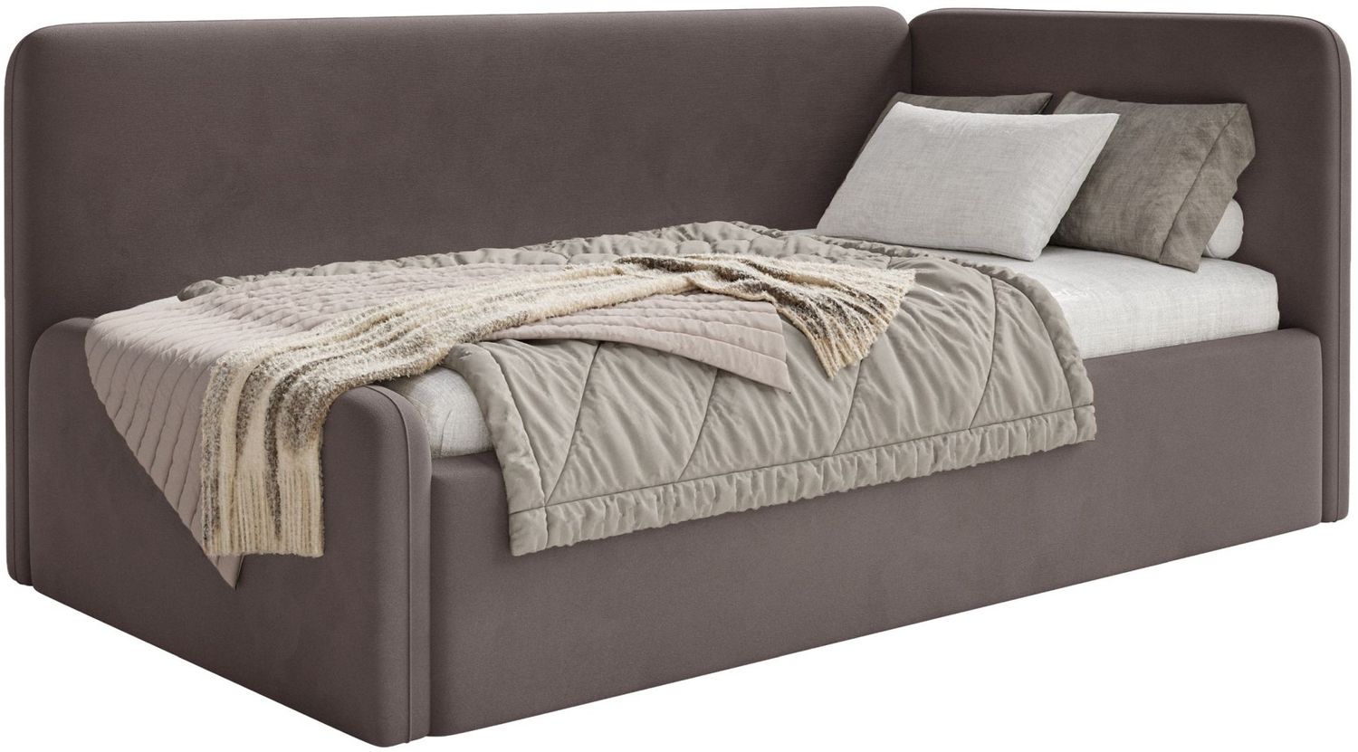 Selsey 'Fanko' Jugendbett 90x200 cm mit Kopfteil rechts, Samt, Braun Bild 1