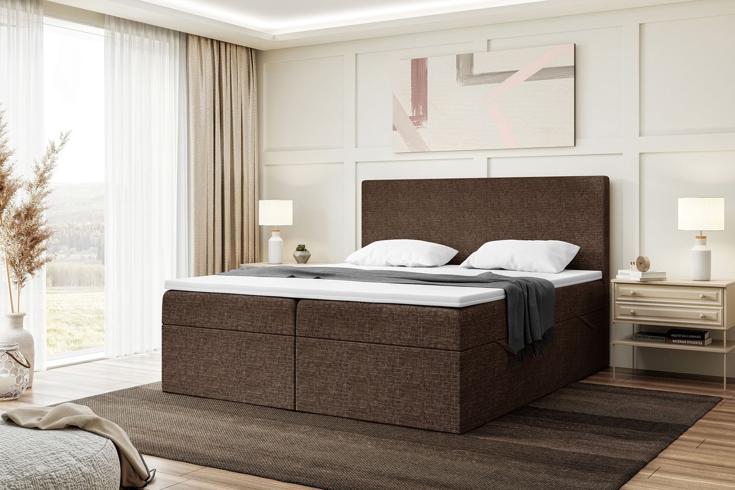 MEBLINI Boxspringbett ZLATAN 140x220 cm mit Bettkasten - H4/Braun Webstoff Polsterbett - Doppelbett mit Topper & Taschenfederkern-Matratze Bild 1