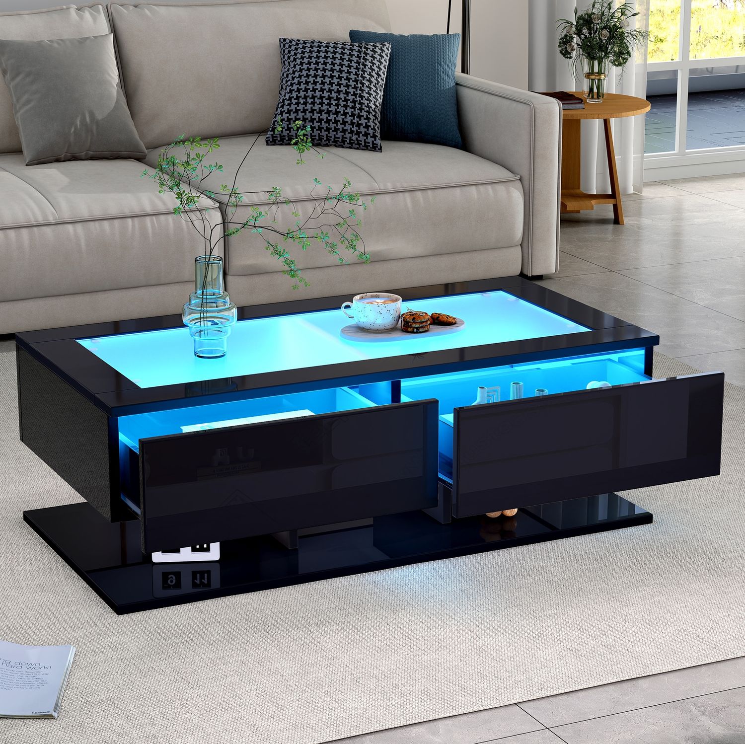 Couchtisch 100x50x35 cm mit 2 Schubladen, LED-Licht und Glasplatte – Wohnzimmertisch in Schwarz Hochglanz Bild 1