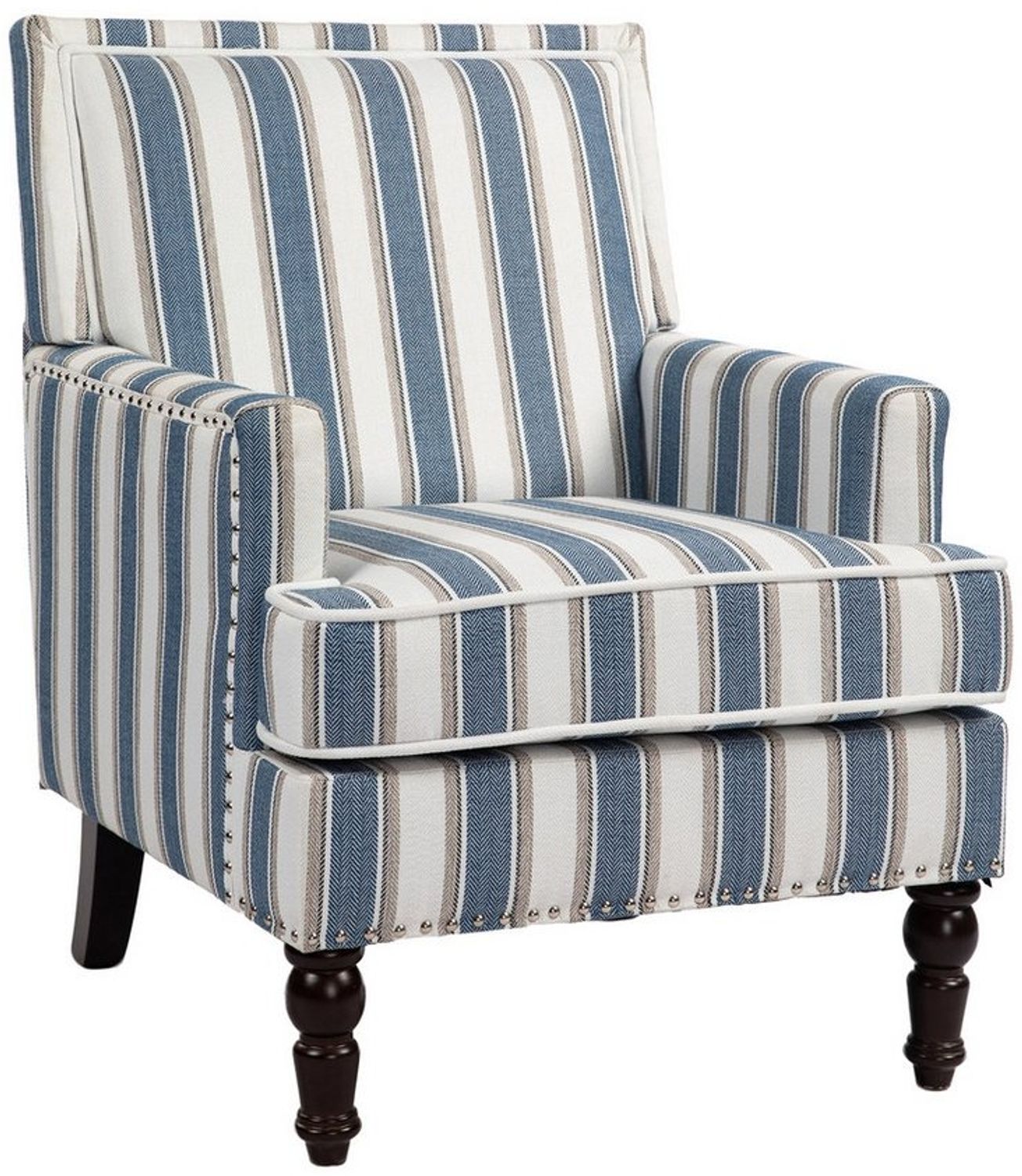 KLAM HOME Loungesessel Premium Vintage Akzentstuhl Blau-Weiß Gestreift Leinenstoff (Wohnzimmer Sessel mit edler Nagelkopfeinfassung & Massivholzrahmen), Bequemer Polster-Sessel mit Hochdicht-Schaum für stilvolle Innenräume Bild 1