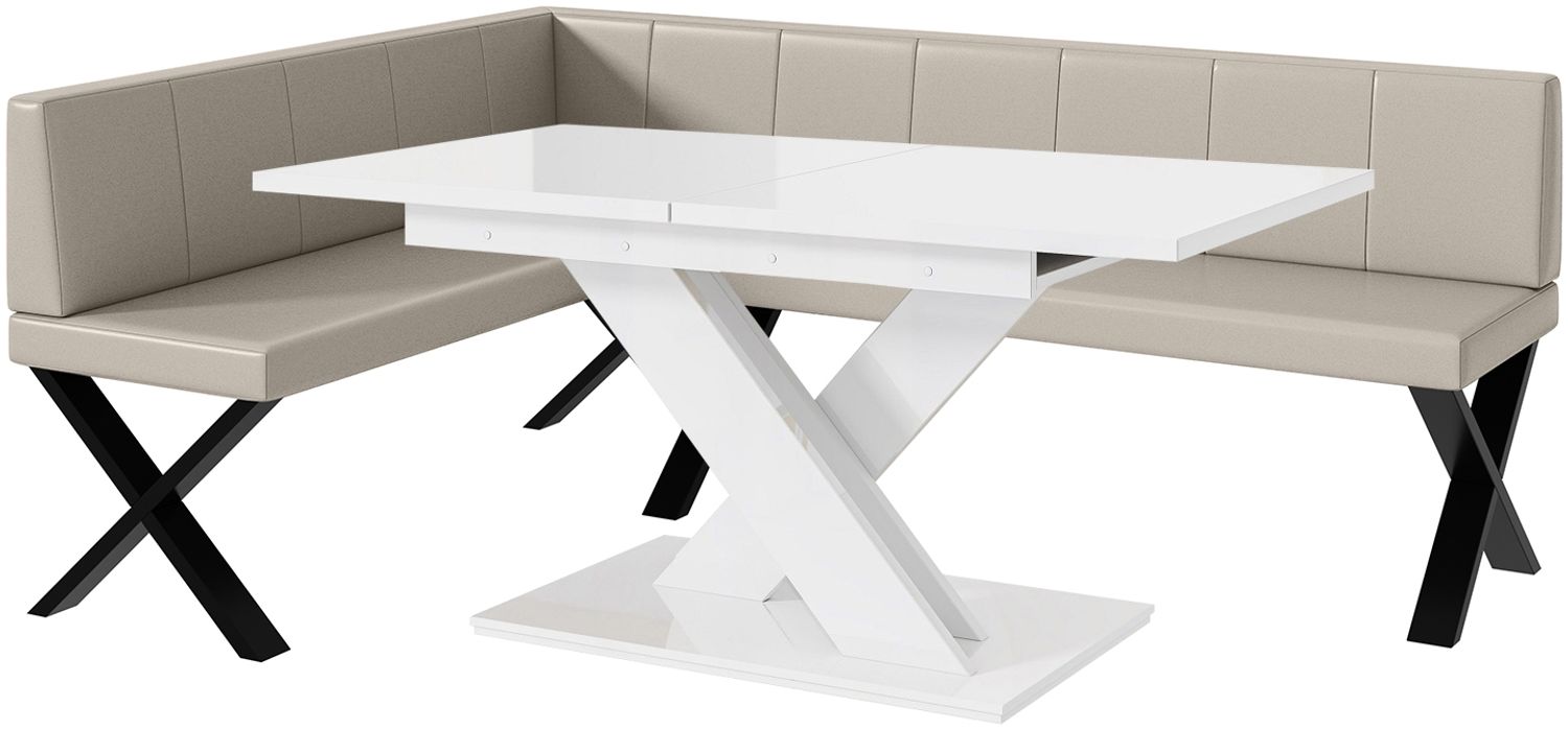 MEBLINI Eckbank für Esszimmer mit ausziehbarem Tisch - Küchenbank - Essecke - Sitzecke Küche - PETER - X-Beine 142x196x87cm Links - Beige Kunstleder/B Weiß Hochgl. Bild 1