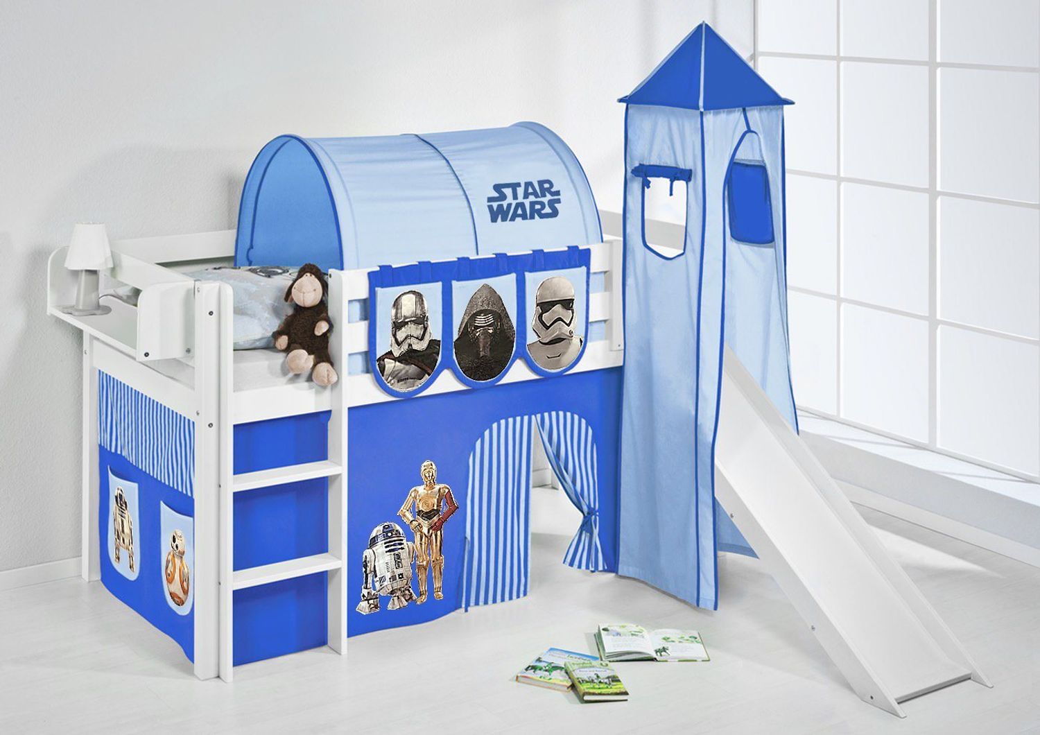 Lilokids 'Jelle' Spielbett 90x200 cm, Star Wars Blau, Kiefer massiv, mit Turm, Rutsche und Vorhang Bild 1