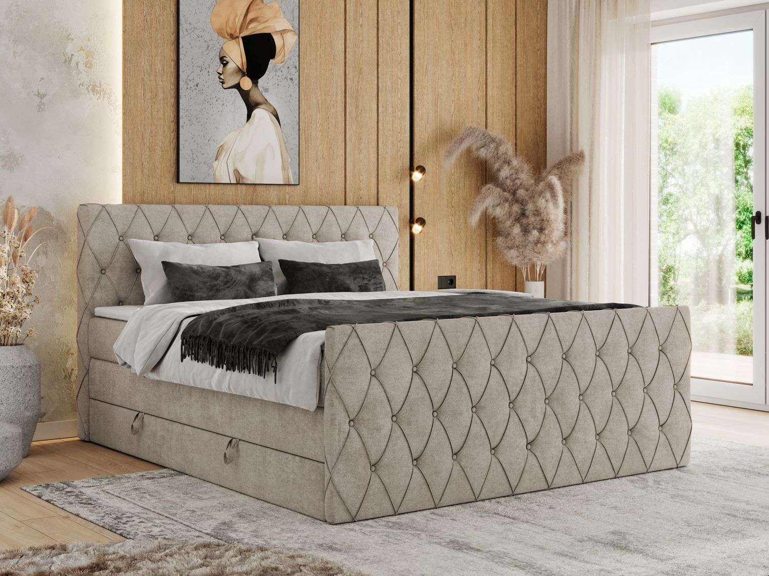 Boxspringbett, Doppelbett mit Fußteil, Multipocket-Matratzen und Topper, gestepptes Kopfteil und Front - MIREN KING DUO - 180 x 200 cm - Beige Stoff - H4 Bild 1