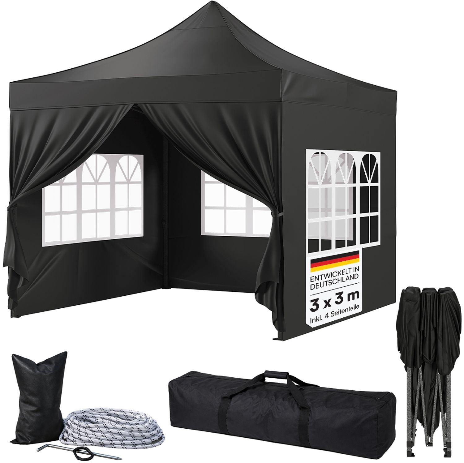 STEELSØN 'Rynara' Premium Pavillon 3x3 m, schwarz, wasserdicht, stabil und UV-beständig, Faltpavillon 3-fach höhenverstellbar, Gartenpavillon mit 4 Seitenteilen, Pop Up Pavillon inkl. Tragetasche Bild 1