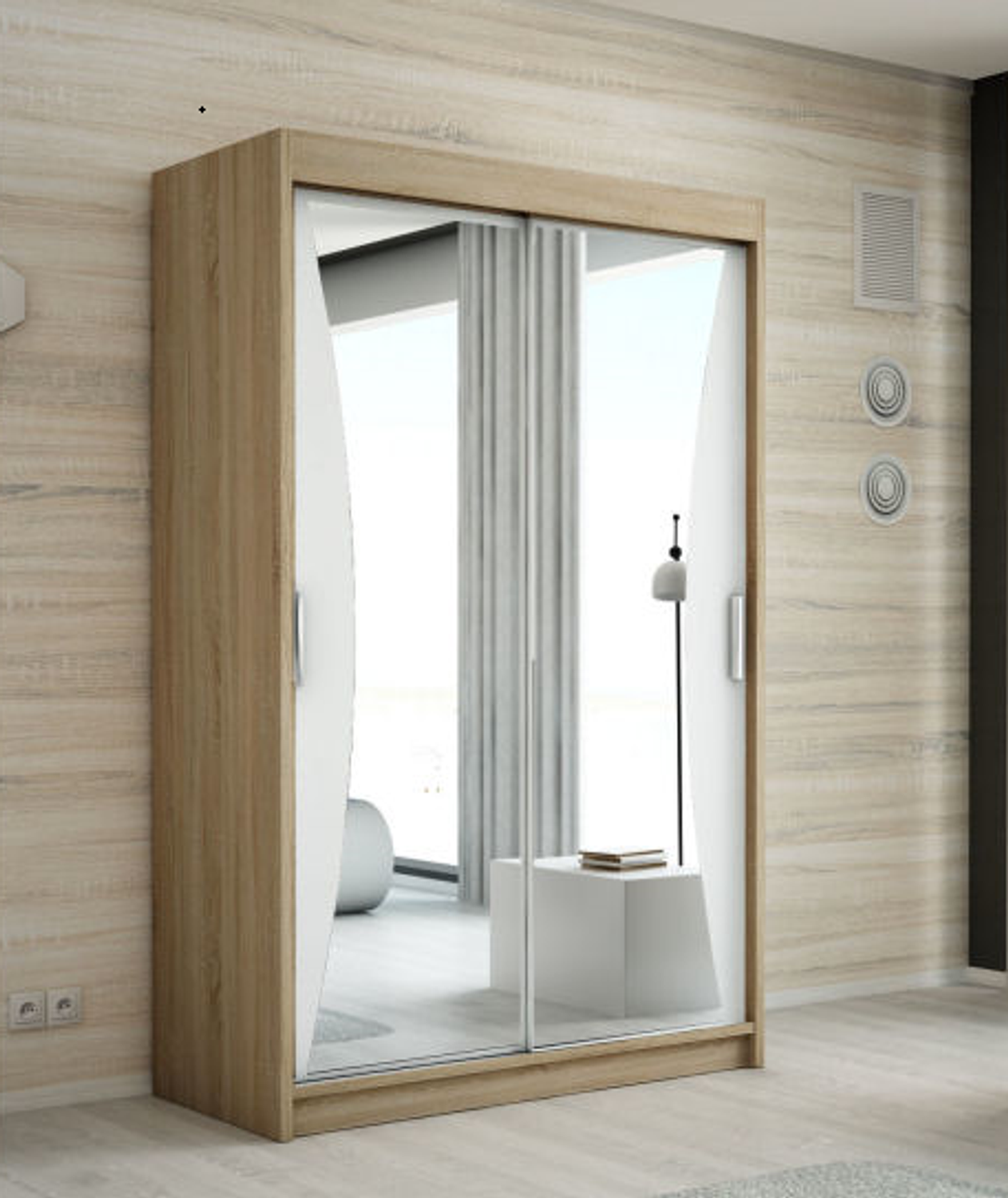 Schwebetürenschrank NIKO 2-türig Schrank 160 cm (mit Spiegel) Farbe: Sonoma , weiß Bild 1