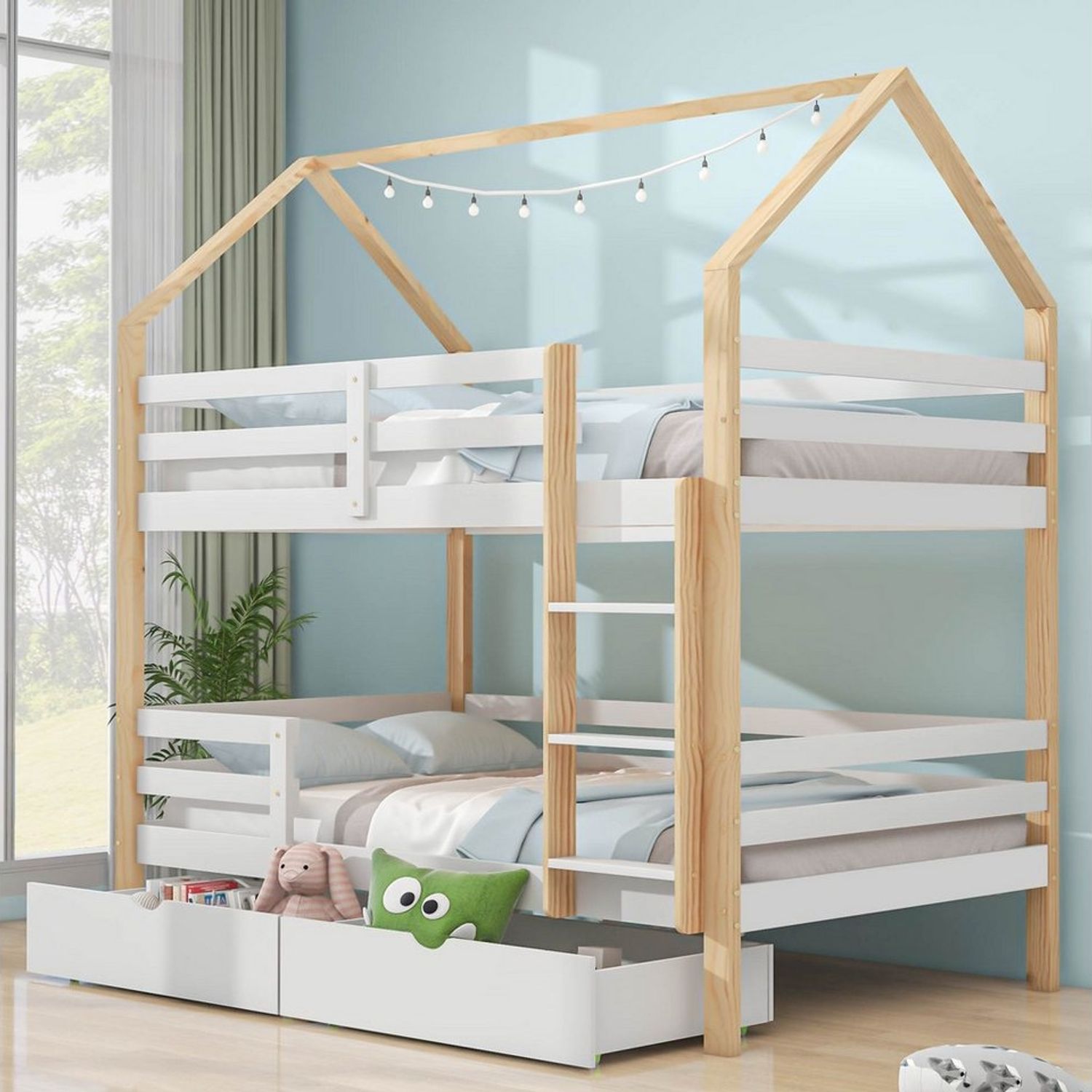 Flieks Etagenbett, Hochbett Kiefer Kinderbett mit 2 großen Schubladen 90*200cm Bild 1