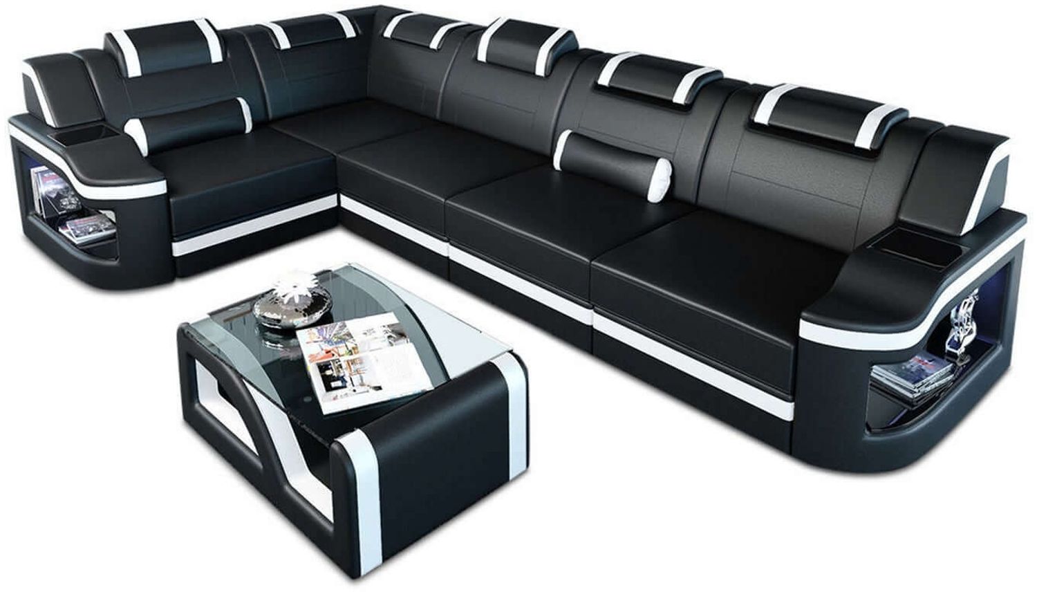 Mini Ecksofa Padua L Form aus Leder - Büffelleder - schwarz-weiß - Links Bild 1