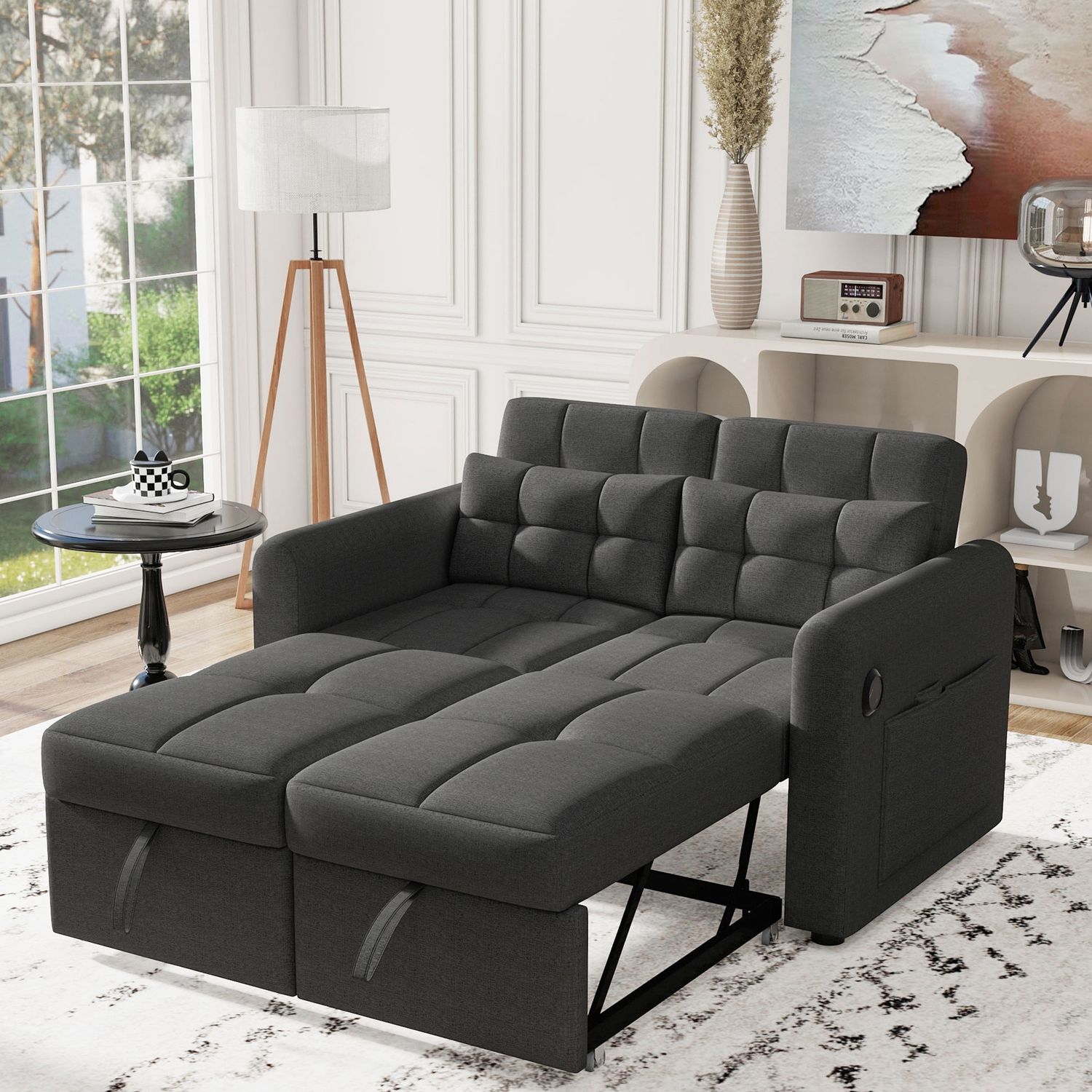Wandlungsfähiges 3-in-1 Schlafsofa mit USB-Ladestation, Baumwoll-Leinen, 142x85x83 cm, Grau Bild 1