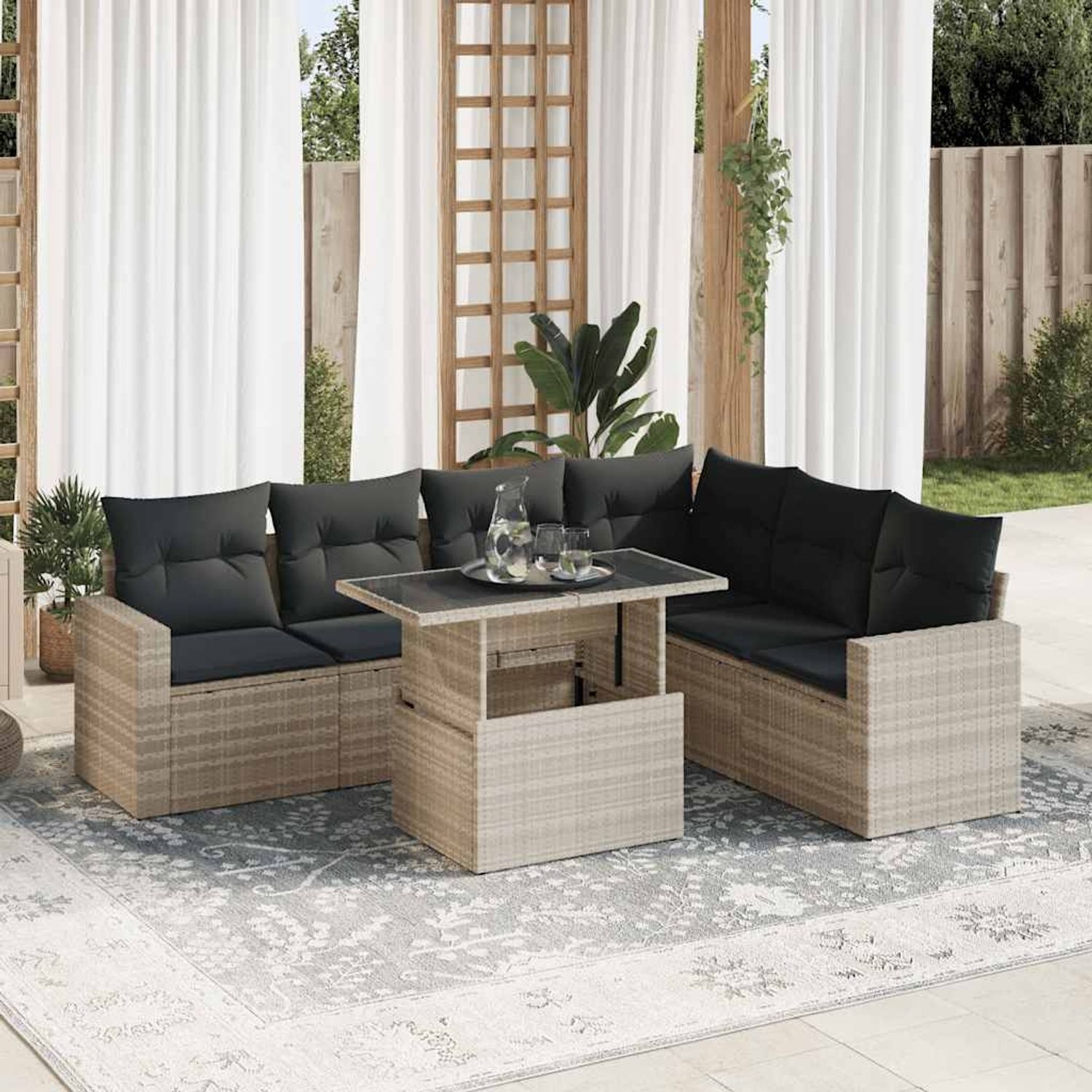 vidaXL 7-tlg. Garten-Sofagarnitur mit Kissen Hellgrau Poly Rattan 3326333 Bild 1
