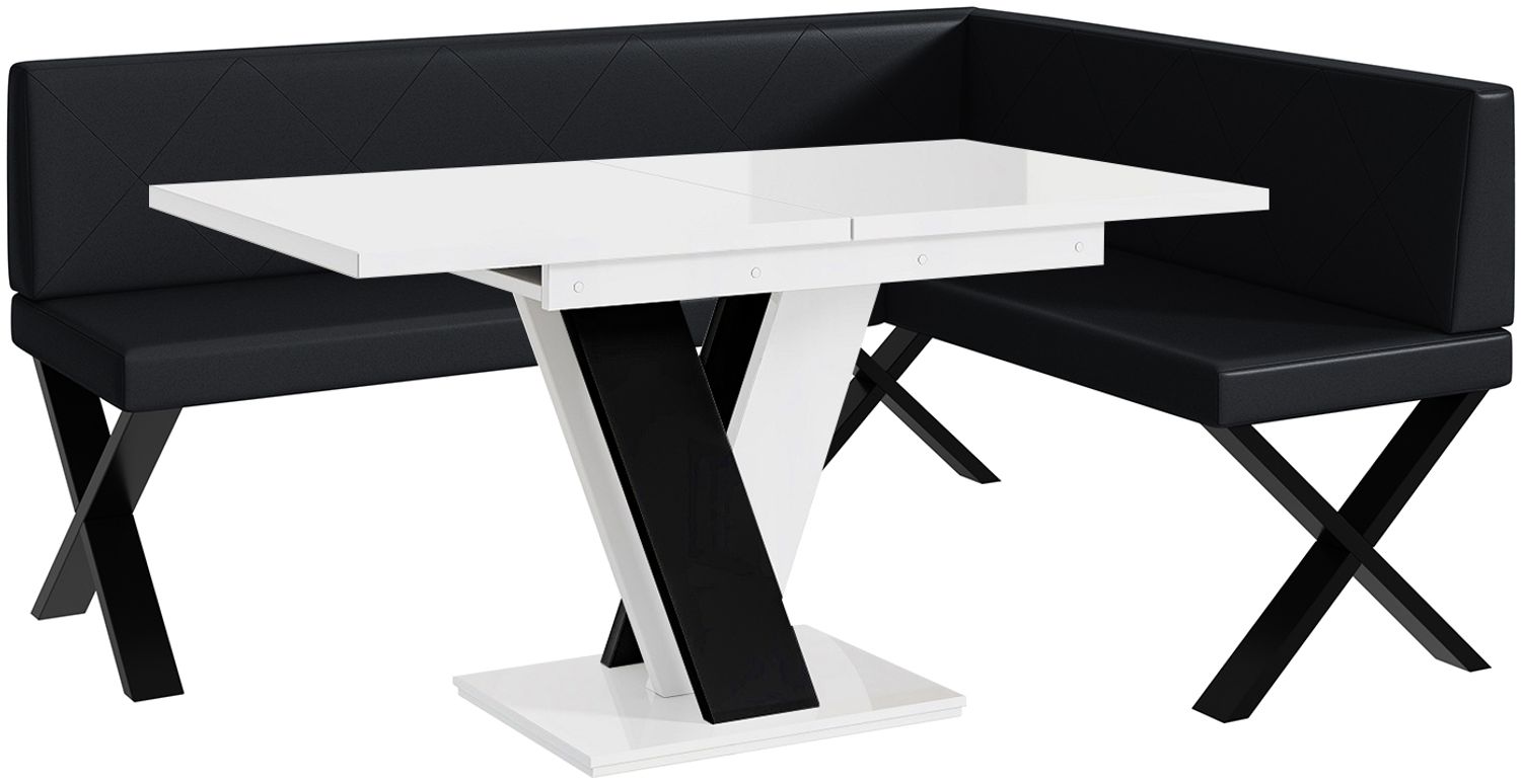 MEBLINI Eckbank für Esszimmer mit ausziehbarem Tisch - Küchenbank - Essecke - Sitzecke Küche - ERIC - X-Beine 128x168x87cm Rechts - Schwarz Kunstleder/M Weiß-Schwarz Hochgl. Bild 1