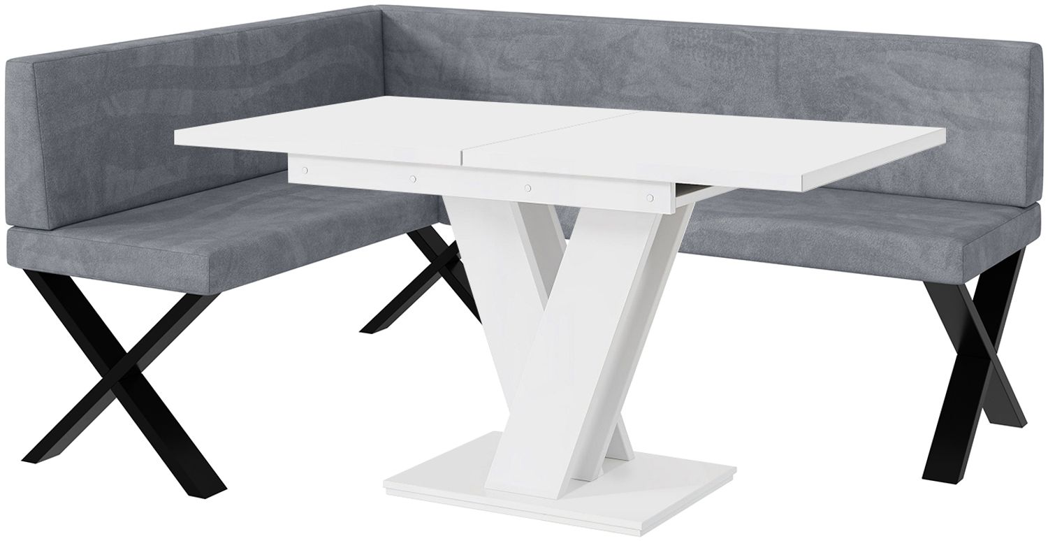MEBLINI Eckbank für Esszimmer mit ausziehbarem Tisch - Küchenbank - Essecke - Sitzecke Küche - TONI - X-Beine 128x168x87cm Links - Grau Samt/M Weiß Matt Bild 1
