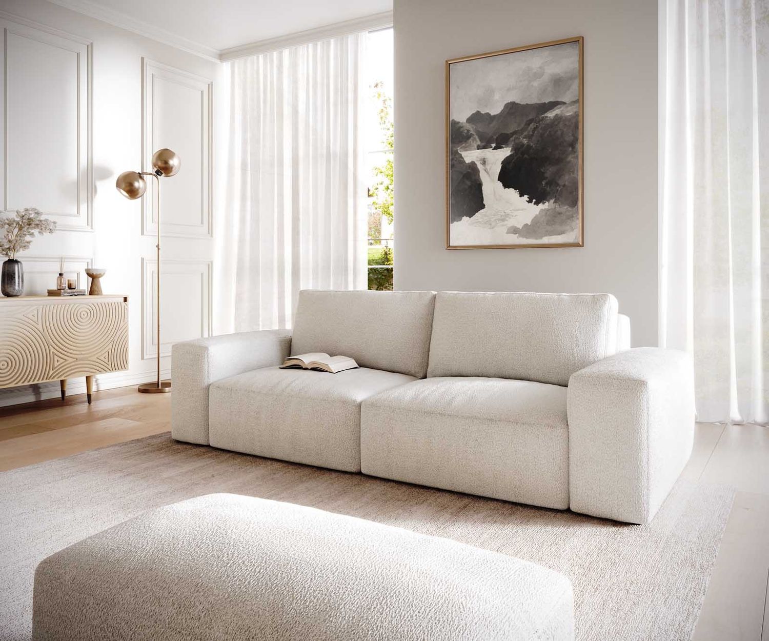 Big-Sofa Lanzo 230x95 cm Bouclé Creme-Weiß mit Hocker Bild 1
