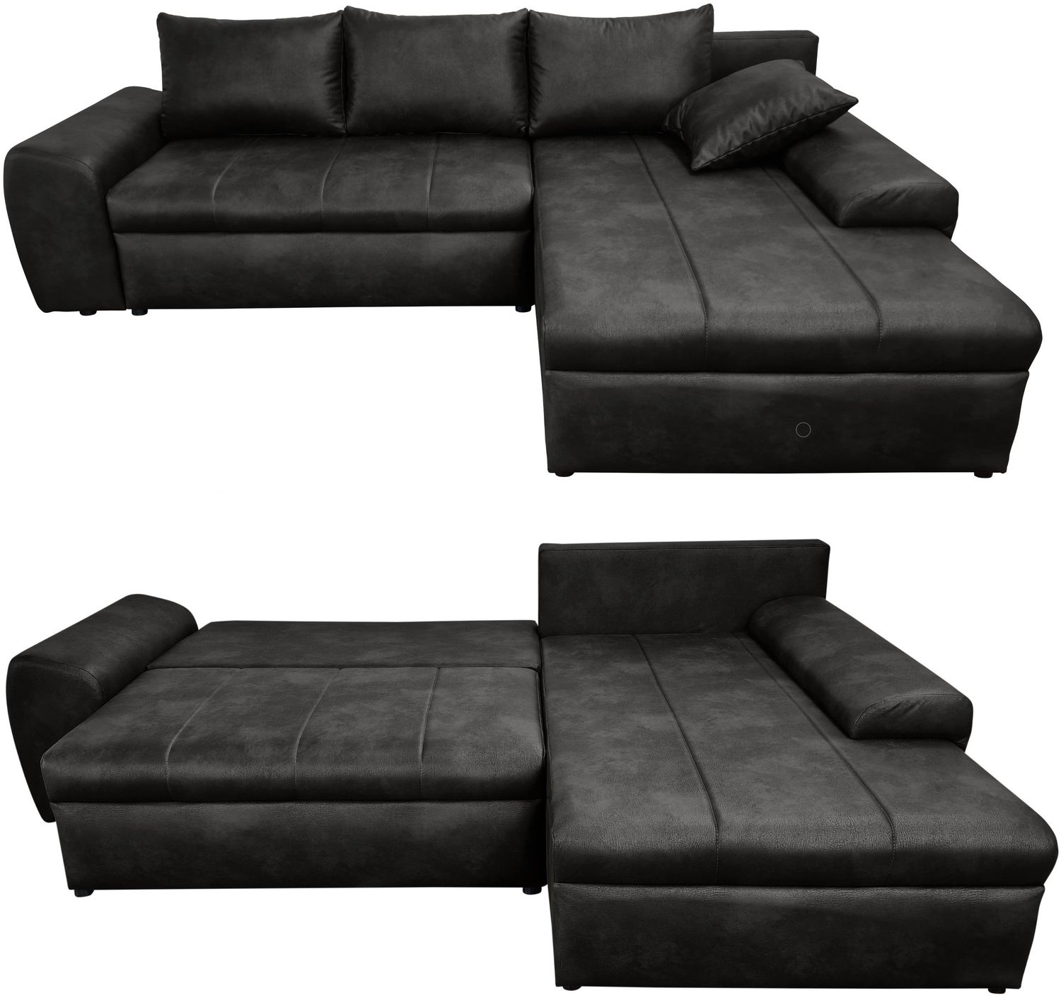 Ecksofa Vintage Schlafsofa Eckcouch L-Sofa mit Ottomane u. Bettkasten in Schwarz Bild 1
