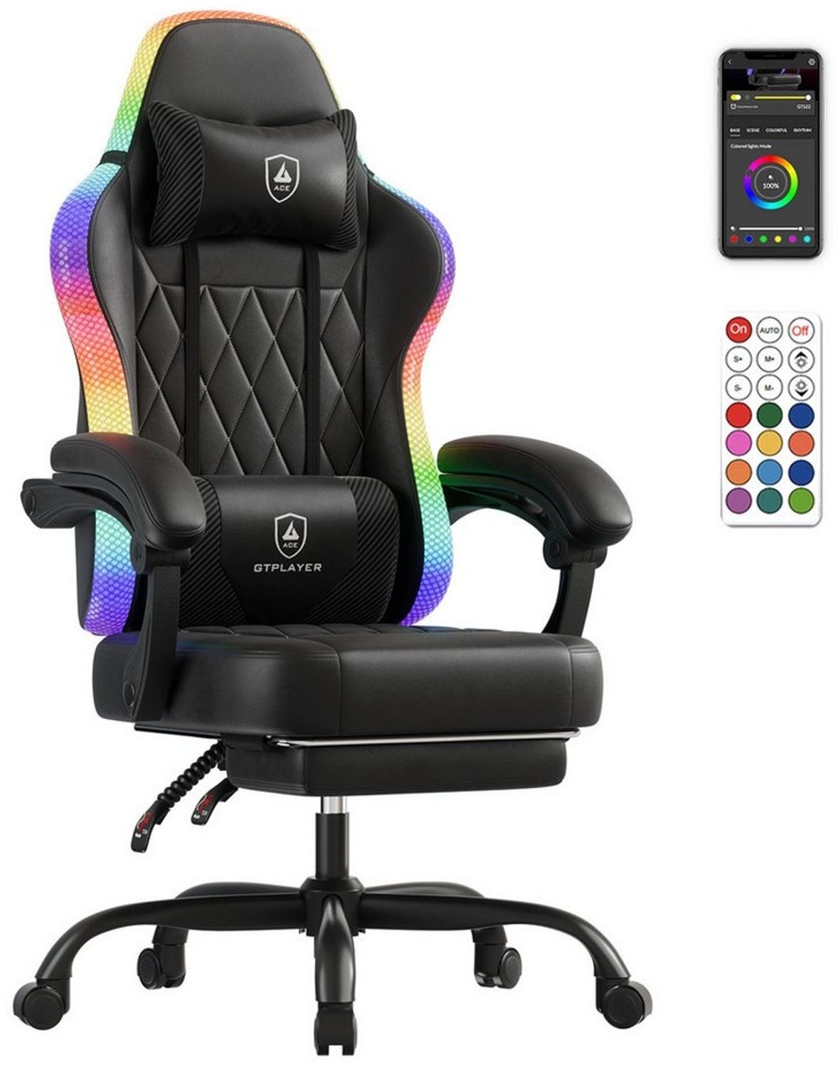 GTPLAYER Gaming-Stuhl Bürostuhl Gaming Chair mit LED Lichtleiste, Gamer Stuhl, Rückenlehne mit Aufbewahrungstasche PC Stuhl mit Fernbedienung Bild 1