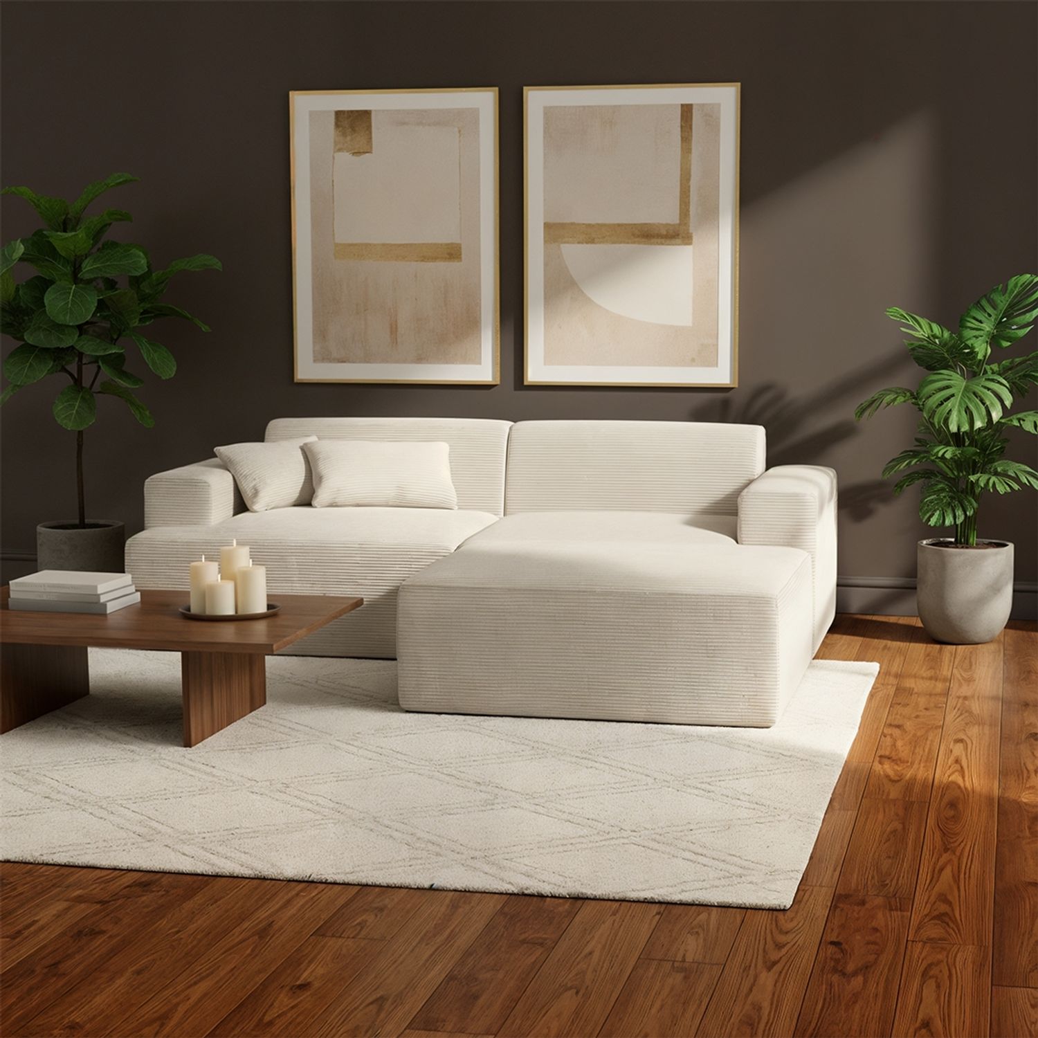 skølm 'Freki' Cloud Sofa 2 Sitzer mit Hocker, Vollschaumcouch mit Federkern und Vakuum-Kompression, kein Aufbau erforderlich, mit 2 Kissen, Cord beige Bild 1