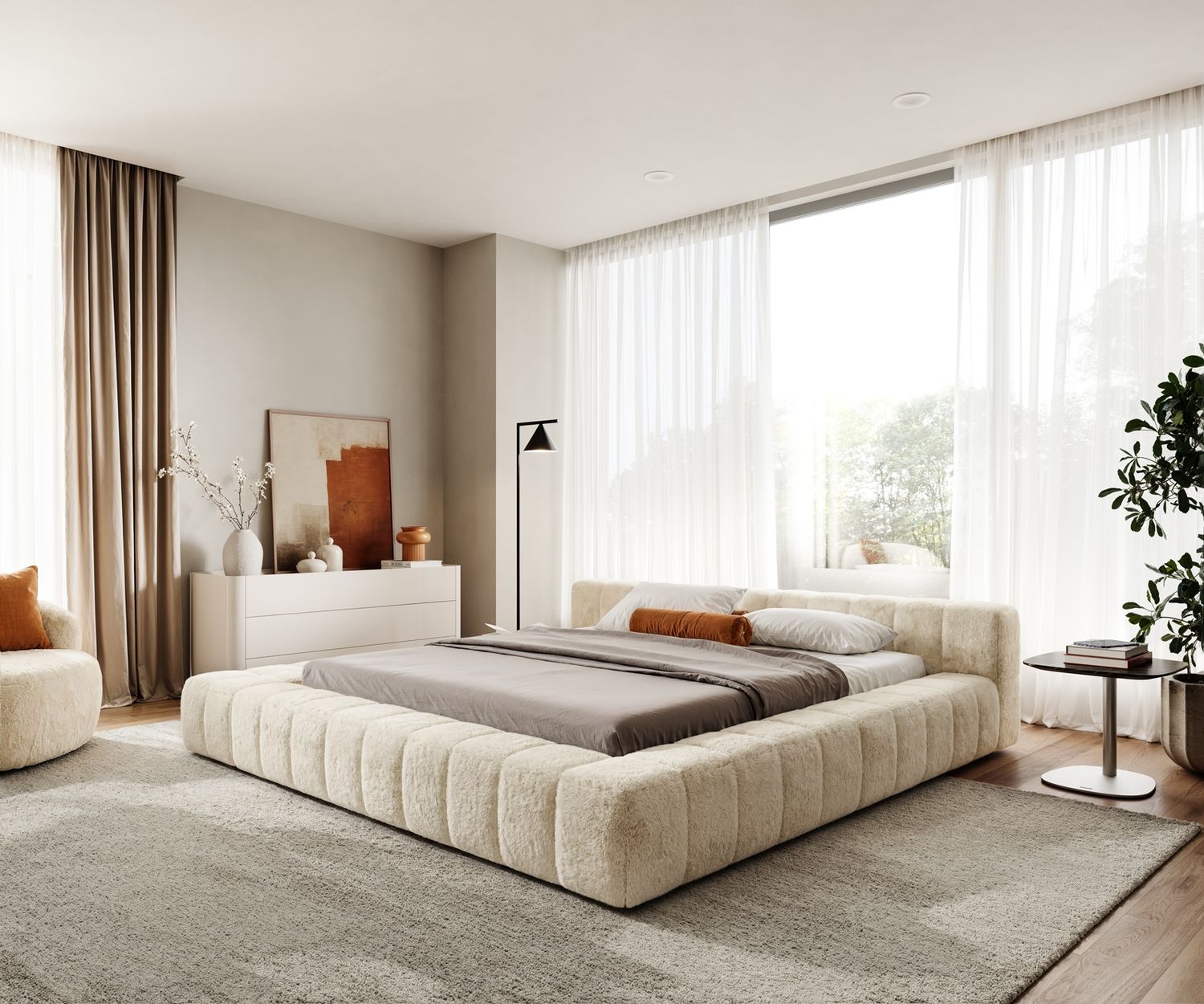 Polsterbettgestell Espazio 180x200 cm Plüsch Creme-Weiß mit Stauraum Bild 1