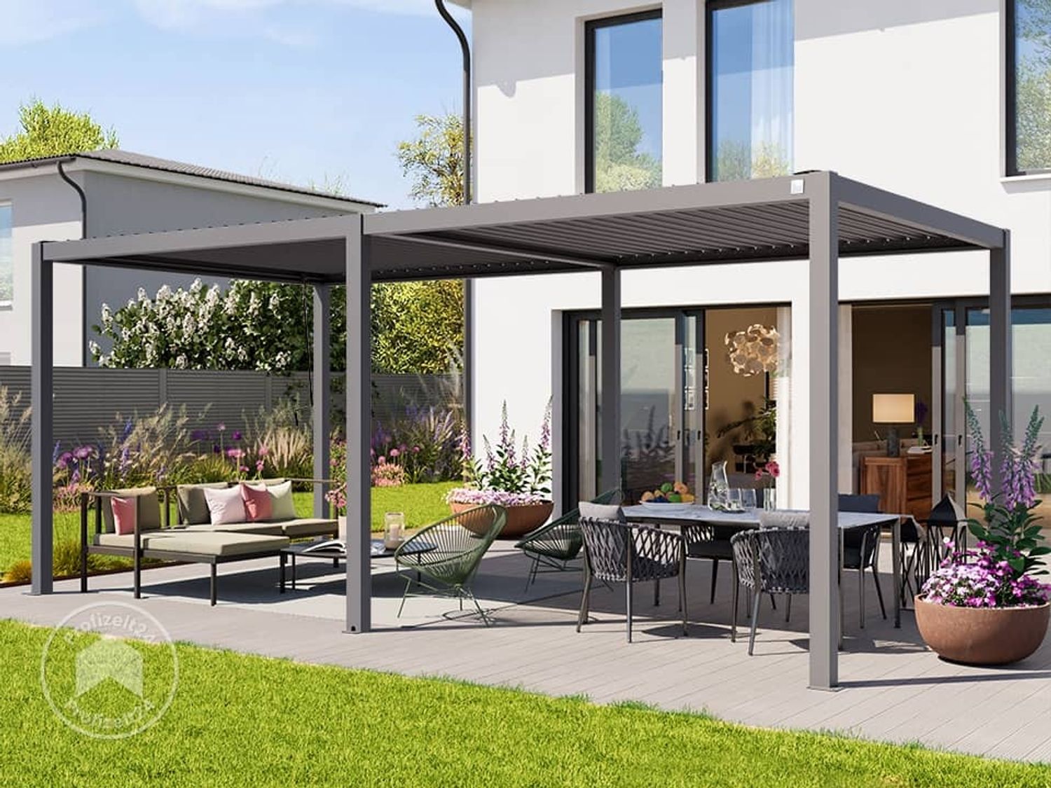PRIMEYARD Pergola 3x6 m Aluminium-Pfosten mit Lamellendach aus Stahl graue Terrassenüberdachung Bild 1
