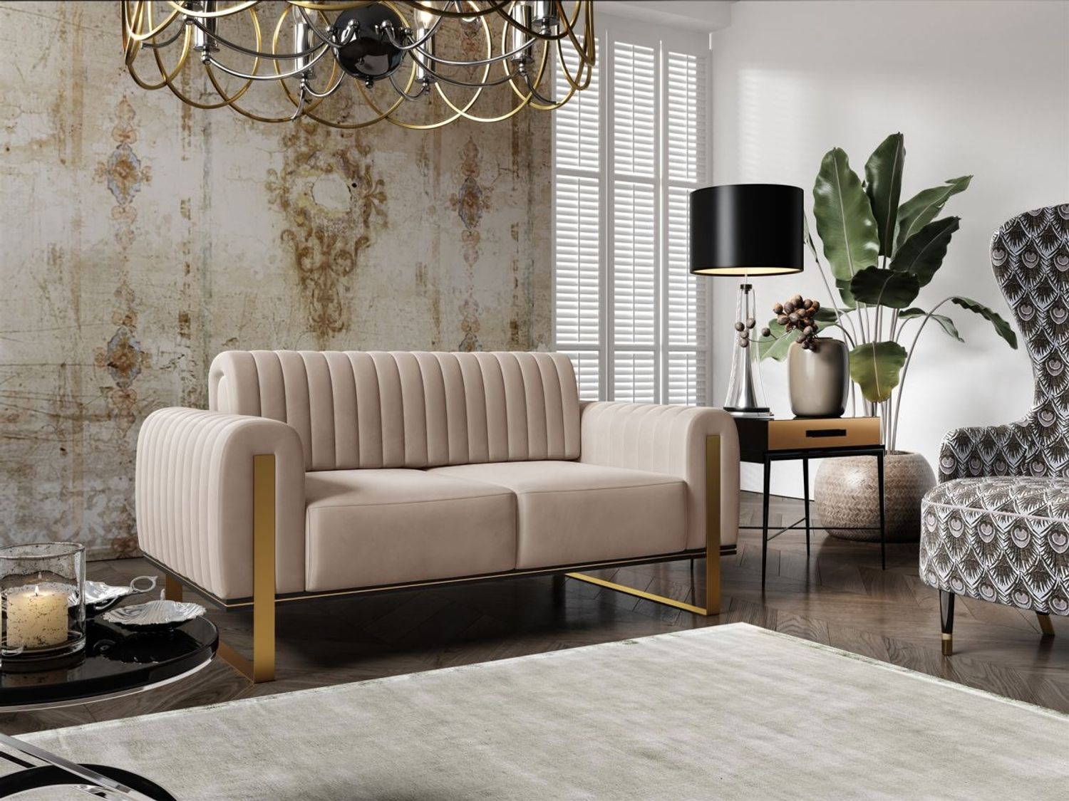 Sofa Designersofa VALERIE 2-Sitzer in Stoff Elisa Velvet Beige Bild 1