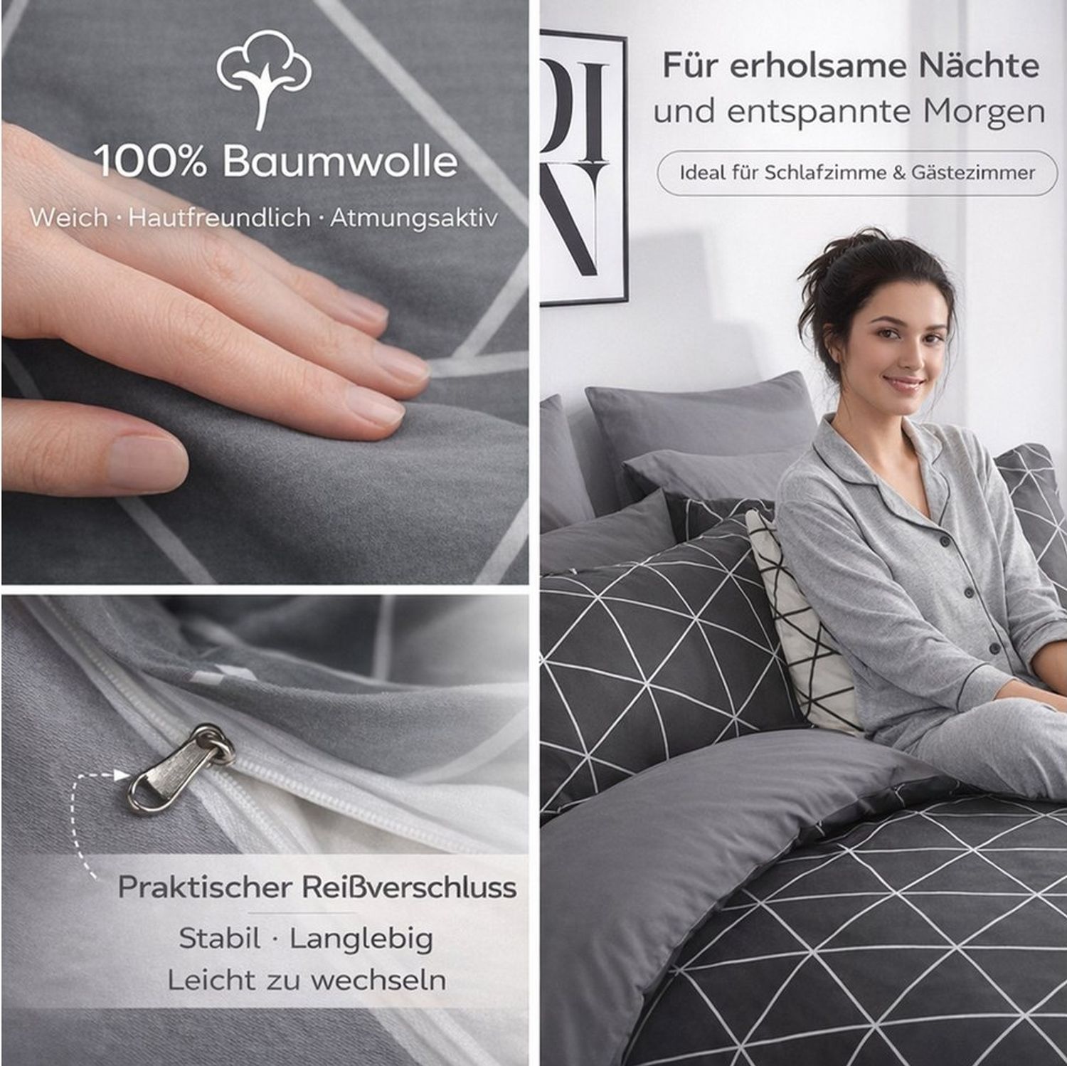 KEAYOO Bettwäsche Geometrisches Muster Bettwäsche, 2 teilig, Grau Bettwäsche Baumwolle Mit Reißverschluss Bild 1