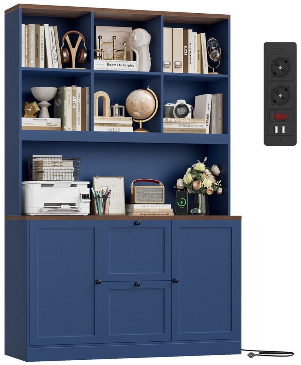 Homfa Bücherregal 182 cm Aktenschrank Mehrzweckschrank, mit Steckdose, 2 Türen und 2 Schubladen für Hängemappen A4, blau Bild 1