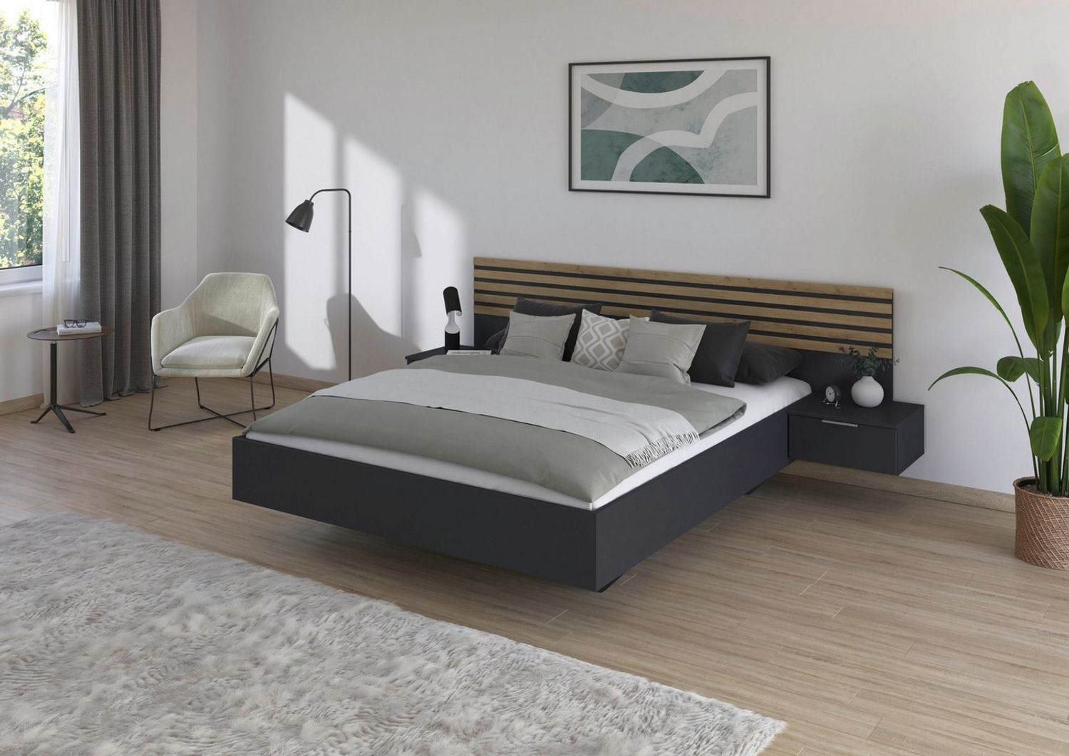 rauch Bettanlage Doppelbett Futonbett LAMELLA in schwebender Optik, (Bett 160x200 oder 180x200 cm), mit eleganter Lamellenabsetzung und 2 Hängenachttische MADE IN GERMANY Bild 1
