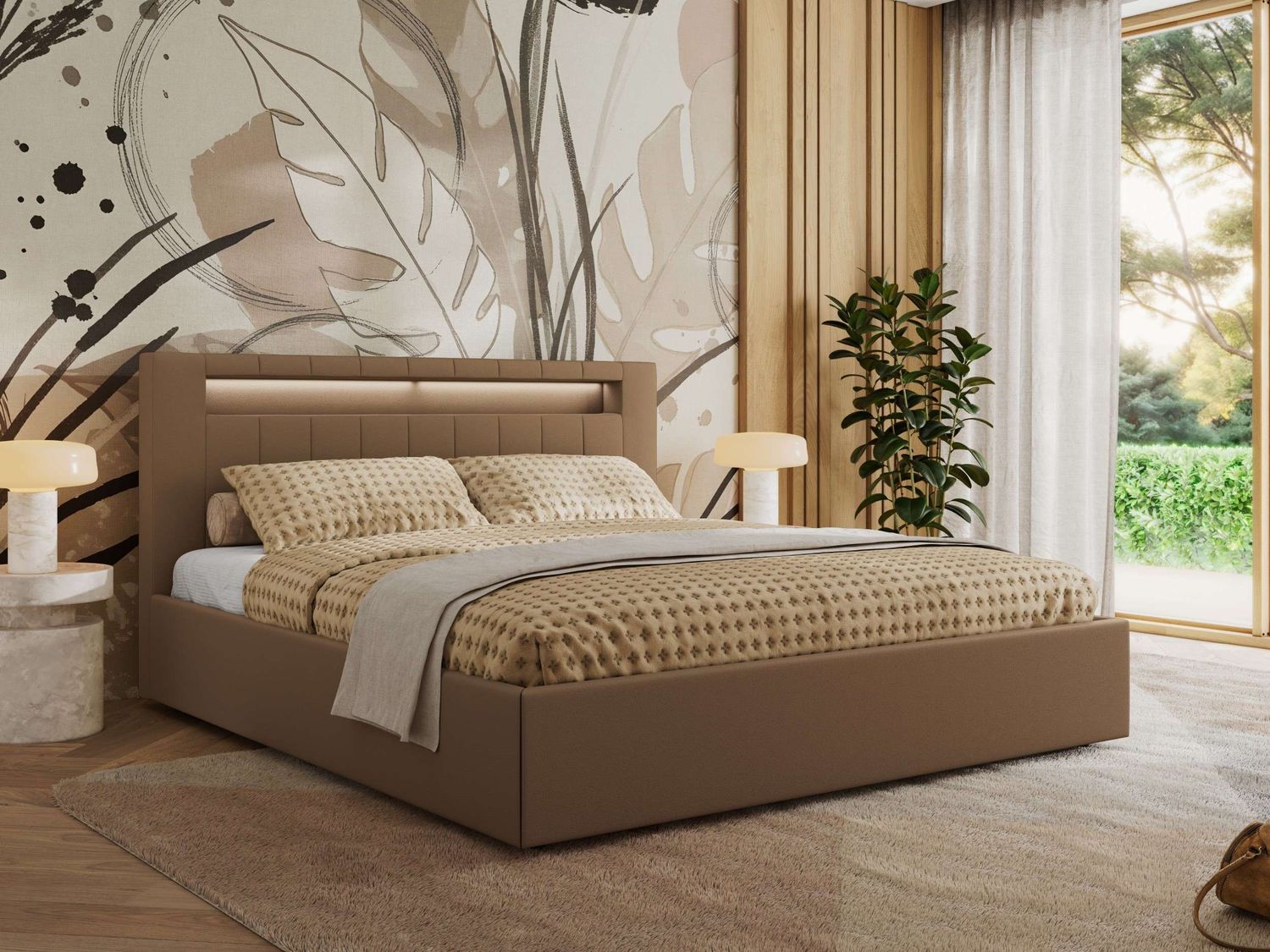 Polsterbett GOLD 5 CLASSIC 140 x 200 cm mit LED-Beleuchtung & Bettkasten, Doppelbett inkl. Lattenrost, Metall-Lift-System & Stauraum - Braun Kunstleder Bild 1