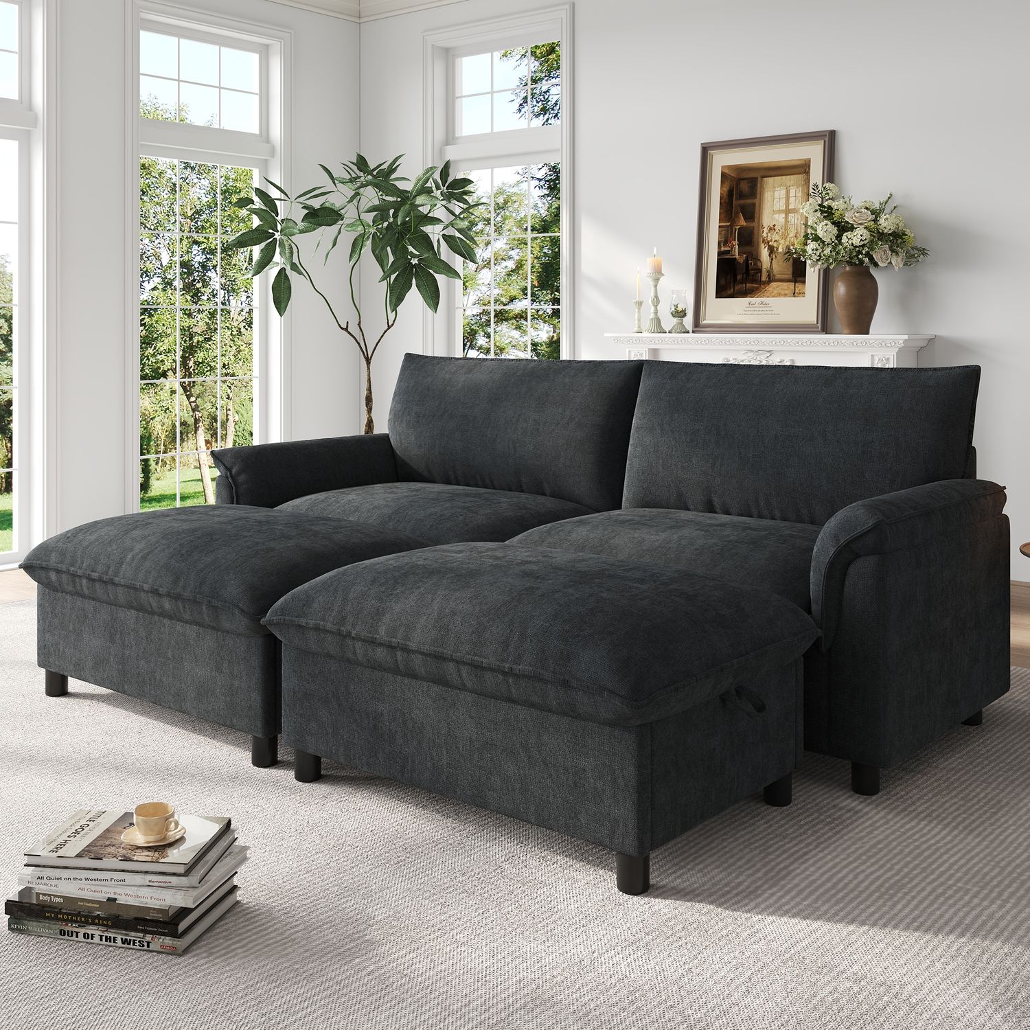 Merax Modulares Cloud-Sectional-Sofa, komfortables Wohnzimmer-Sofa in U-/Eckform, Deep-Seat-Sofa, übergroßes Cloud-Sofa mit 2 beweglichen Fußhockern, hohe Rückenlehne, Schwarz Bild 1