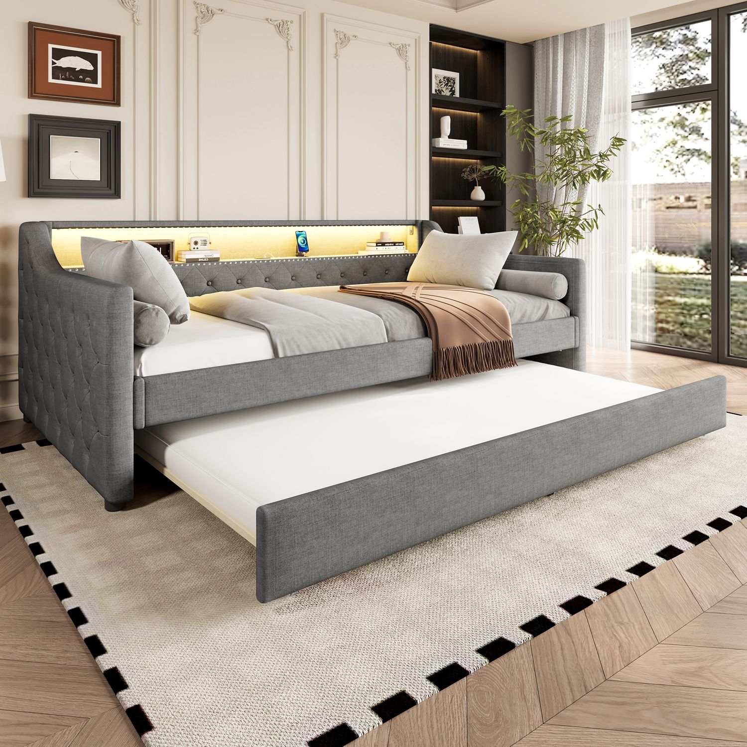 Polsterbett 90×200 cm aus Leinen-Stoff mit LED-Beleuchtung, USB-Anschluss und Ausziehbett, grau Bild 1