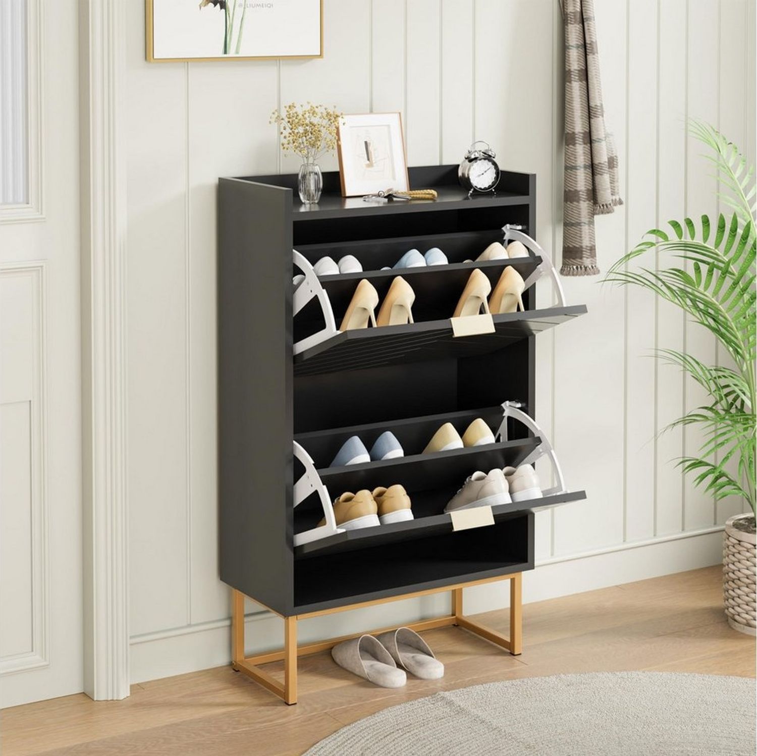UEV Schuhschrank mit 2 Klappen, Schuhkipper Schmal, Schuhregal mit Metallfüße (50 x 24 x 103,5cm Modern Schuhaufbewahrung mit Oberplatte, Schuhkommode,Anti-Kipp-Vorrichtung für Eingangsbereich) trennwände verstellbar und abnehmbar für verschiedene Schu... Bild 1