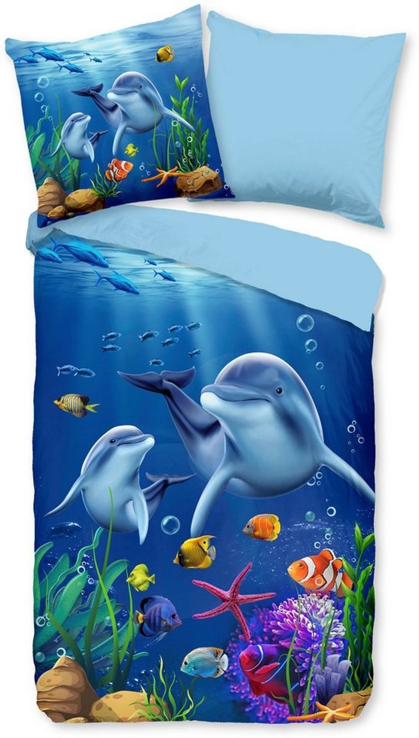 PURE luxury collection Kinderbettwäsche Mare, Microfaser, 2 teilig, Mikrofaser, 135x200, Pflegeleicht, Wendeoptik, Kind, Delfin Meer, Blau Bild 1