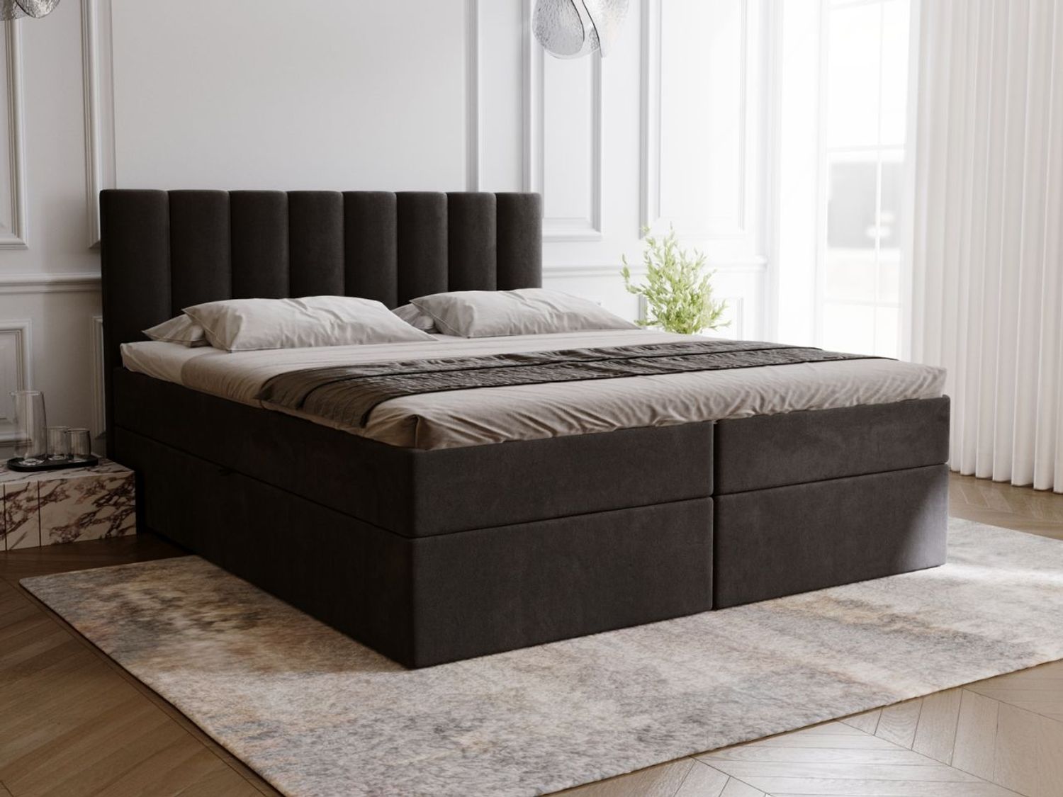 GRAINGOLD Mocca Doppelbett 200x200, Boxspringbett mit gepolstertes Kopfteil, zwei Bettkästen, Velour-Stoff, Schwarz Bild 1