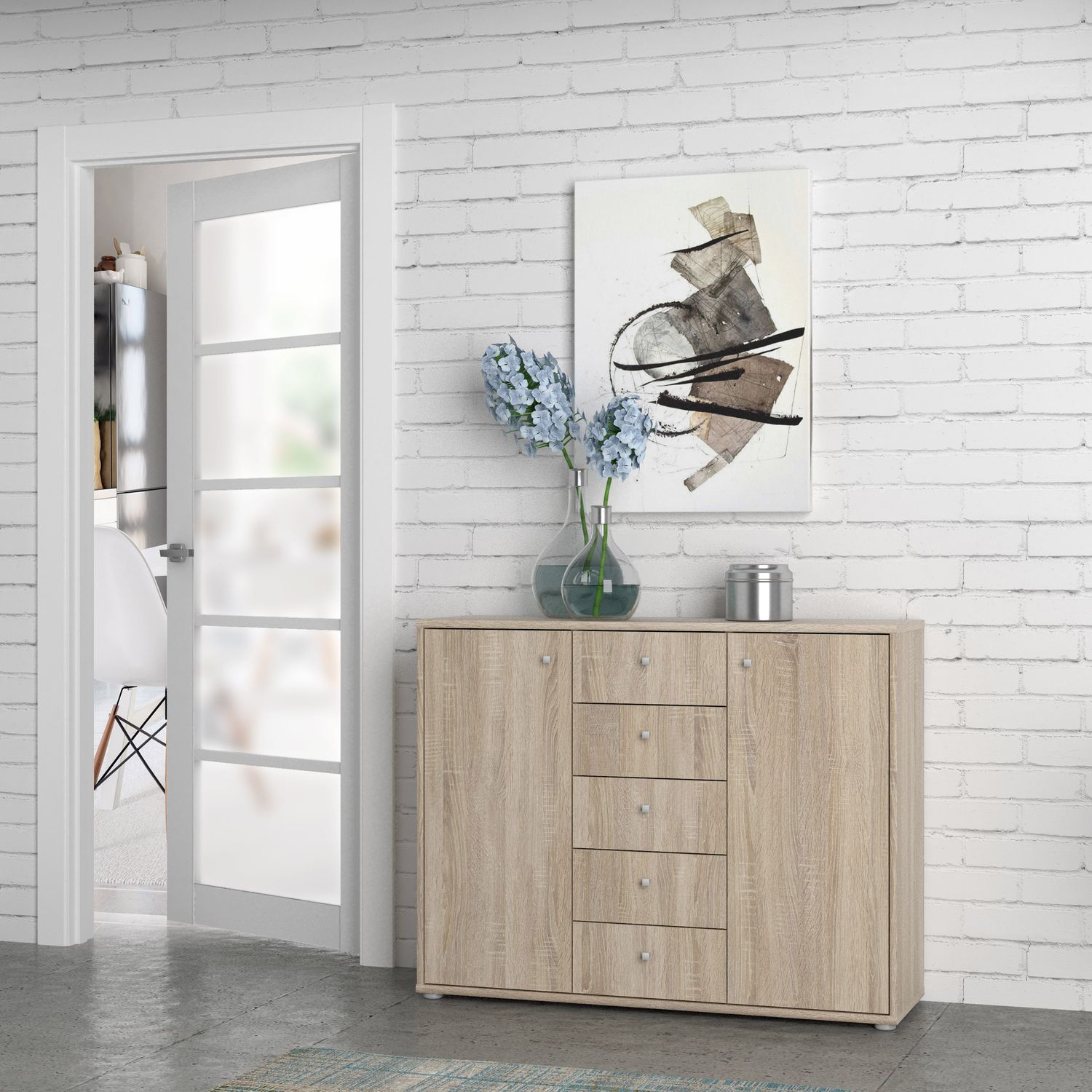 FORTE TEMPRA 2 Kommode mit 2 Türen und 5 Schubladen, Holzwerkstoff, Sonoma Eiche, 108. 8x85. 5x34. 8 cm Sonoma Eiche Dekor Bild 1