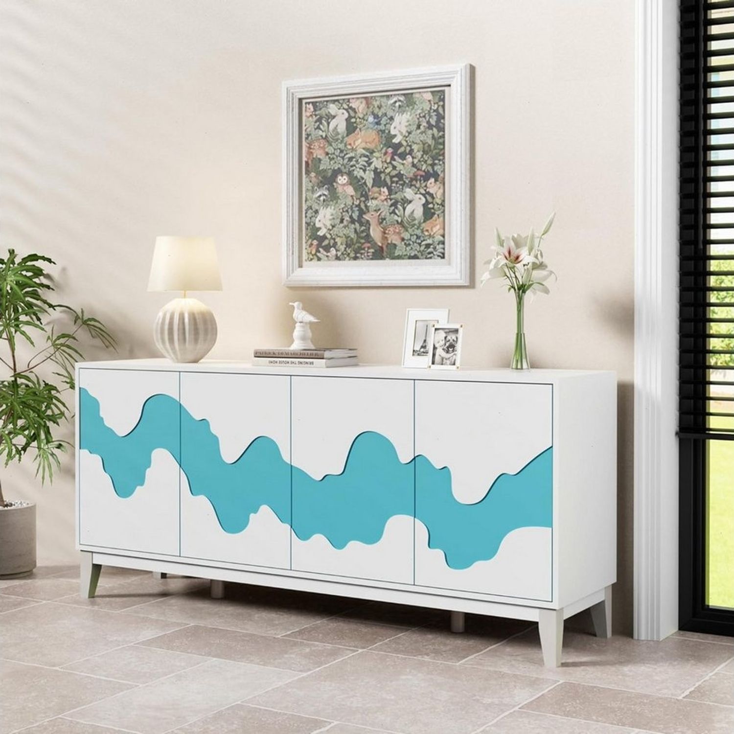 UEV Sideboard mit 4 Türen, Modern Kommode mit Wellenmuster Buffet für Küche (Packung, 160x40x73cm Highboard TV Schrank, Mehrzweckschrank), verstellbare Ablage, Anti-Kipp Schutz, Drucktüröffner Bild 1