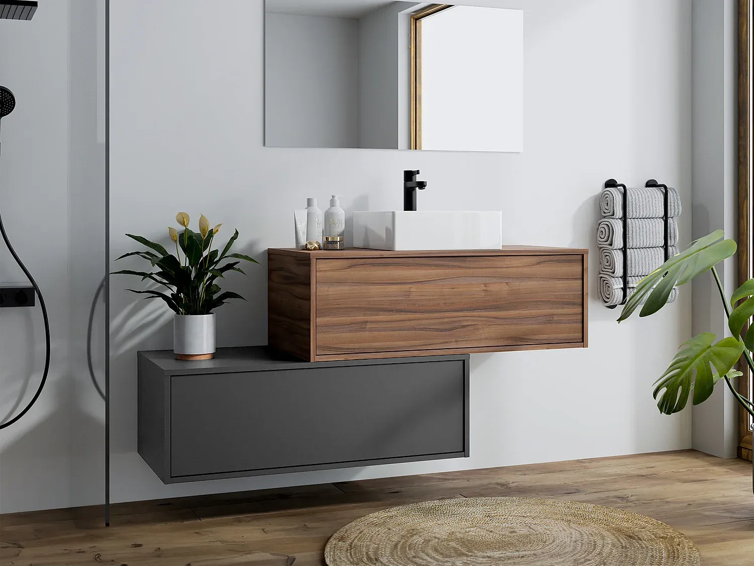 Vente-unique - TEANA Waschbeckenmöbel Holz, Platte GrauBraun - B 47 cm x H 32 cm x L 94 cm Bild 1