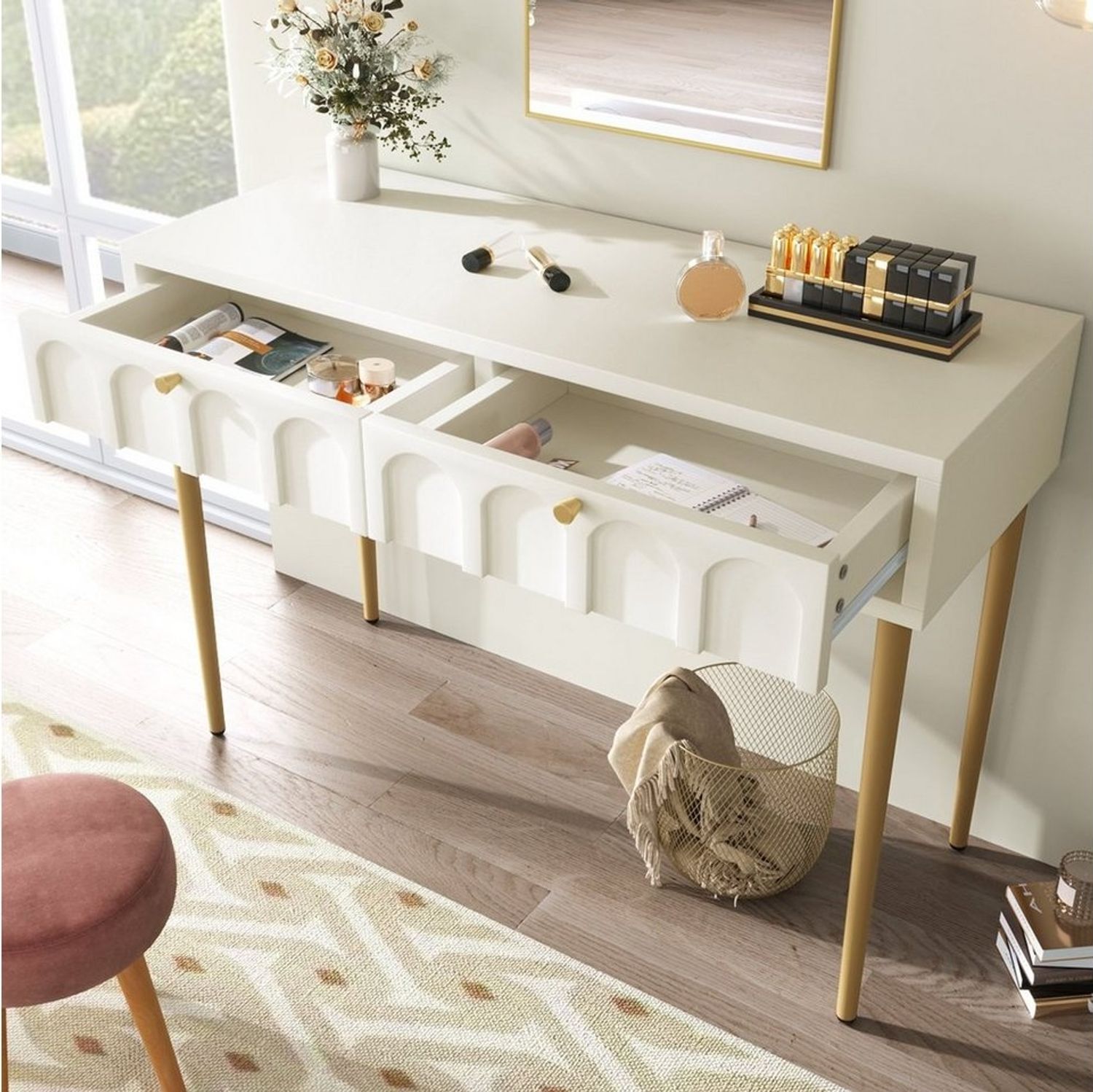 Flieks Schminktisch, Sideboard Schubladenkommode mit 2 Schubladen 100x45x76.5cm ohne Stuhl Bild 1