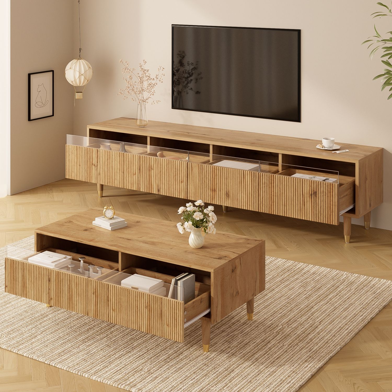 Wohnzimmerset aus MDF mit LED & Stauraum, TV-Schrank + Couchtisch, 178x35x45 / 110x50x40 cm, Holzfarben-Gold Bild 1