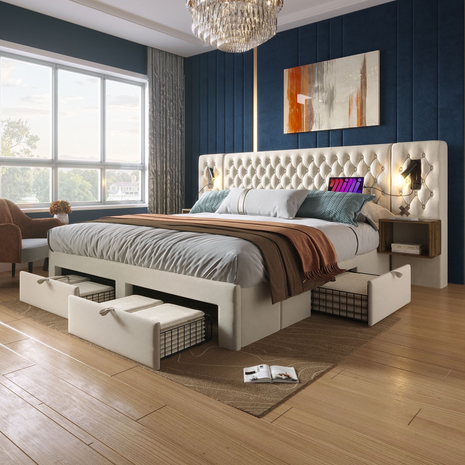 Bettanlage Schlafzimmer Komplett Set, Polsterbett Doppelbett 180×200 cm mit 2 Nachttischen und 4 Schubladen, Kopfteil Leselicht mit USB Ladefunktion, Beige, Samt (Ohne Matratze) Bild 1