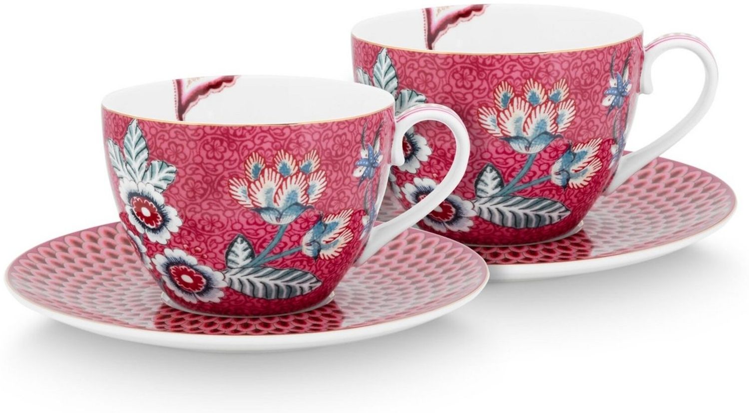 PiP Studio Tasse Flower Festival Tasse m.Unte. dark pink 280ml Set2, Porzellan, Set/2 Cups & Saucers Flower Festival Dark Pink 280ml Bild 1