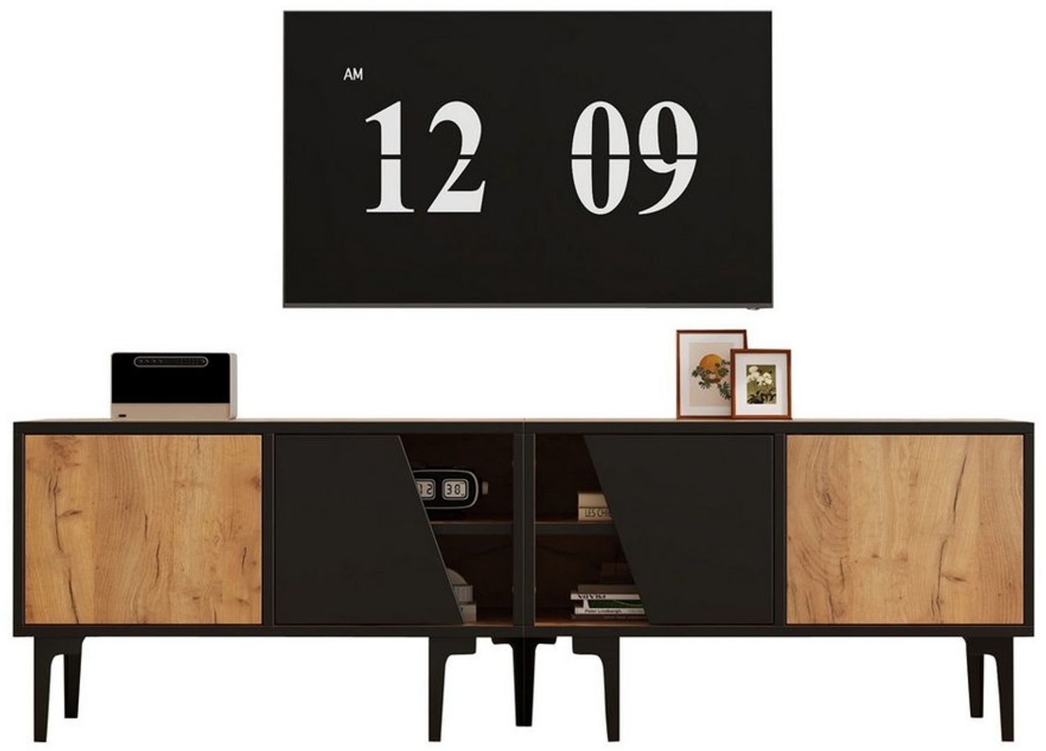 KLAM HOME Lowboard Lowboard TV Unterschrank 160cm Mit 4 Schrankfächern (Für Fernseher Bis 65 Zoll In Naturholz Und Schwarz), Modernes Wohnzimmermöbel Mit 7 Beinen Und 45kg Tragkraft Bild 1