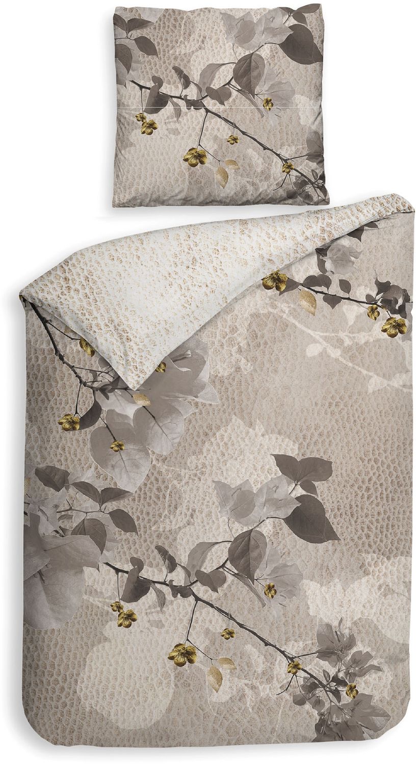 Heckett & Lane Mako-Satin Bettwäsche 155x220 Dax Blütenzweige Schlangenhaut beige Bild 1