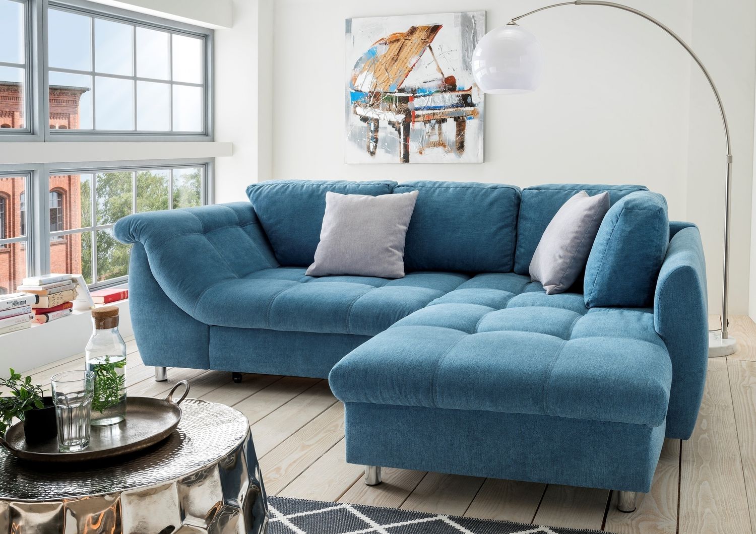 Polsterecke >Allin< Schlaffunktion, 6 Kissen, Bezug denim / silber - 250x66x190 (BxHxT) Bild 1