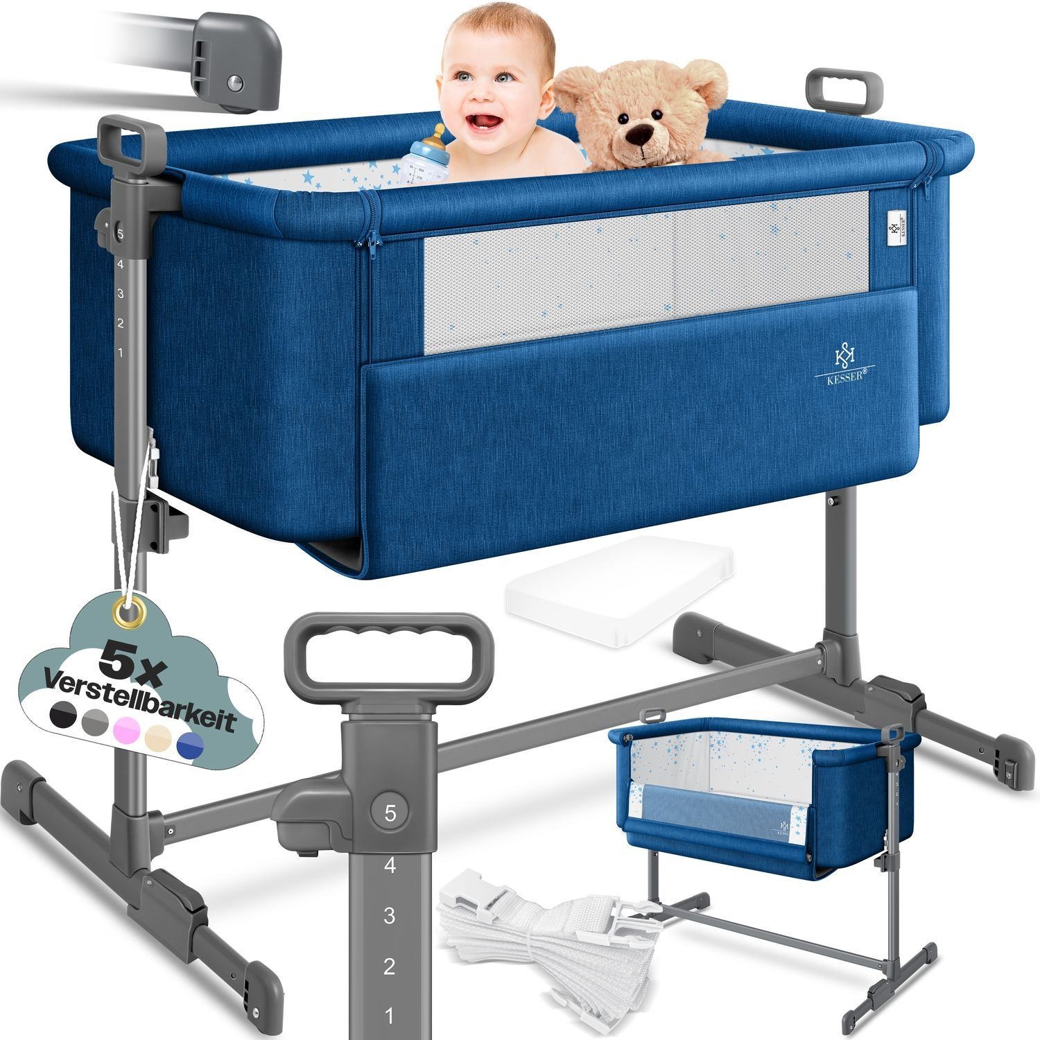 KESSER® Zustellbett Hubi 3in1 Baby Beistellbett Reisebett Babybett mit weich Matratze, mit Rollen Kinderbett, 5-fach Höhenverstellung, Faltbare Seitenwand für zu Hause und unterwegs Blau Bild 1