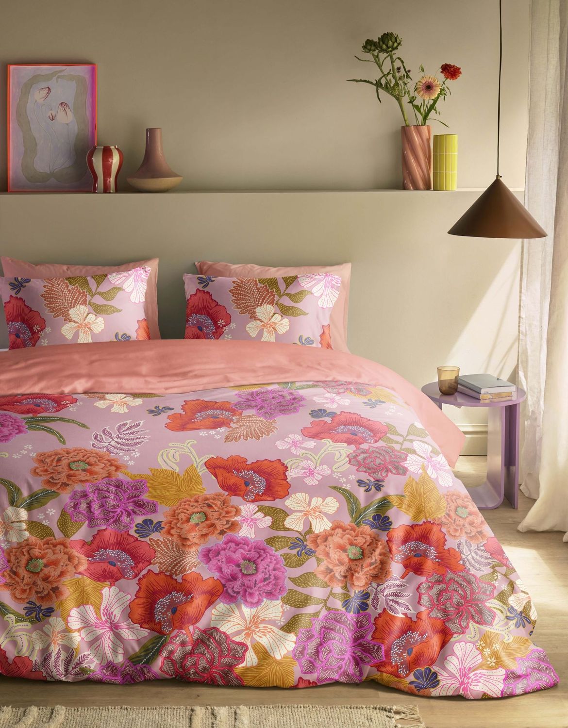 Oilily Satin Bettwäsche 135x200 Elyza multi Wende Blüten Mohnblumen Sommer rosa Bild 1