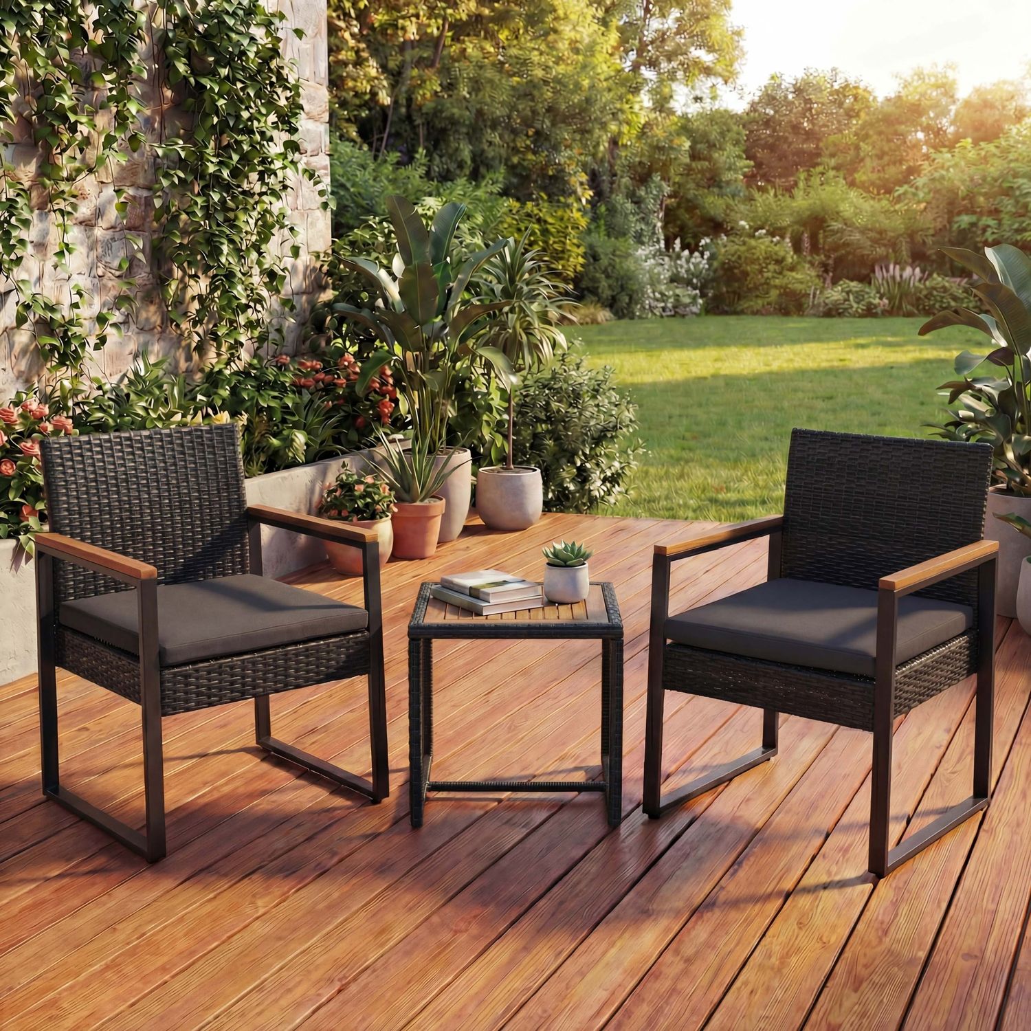Poly-Rattan Garnitur HWC-P74, Lounge-Set Garten 2x Stuhl Tisch, Akazie Holz Stoff 180g/m² ~ schwarz, Polster grau Bild 1