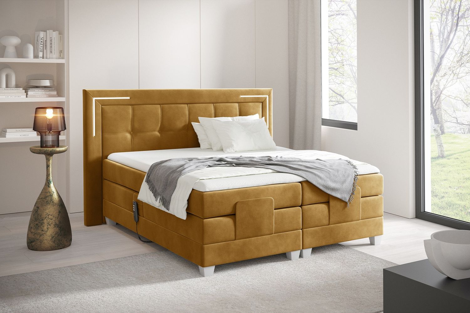 MEBLINI Boxspringbett Elektrisch TARENTE 180x200 cm mit Bettkasten und LED – H3/Senffarbe Samt Polsterbett - Doppelbett mit Toppers & Taschenfederkern-Matratzen Bild 1