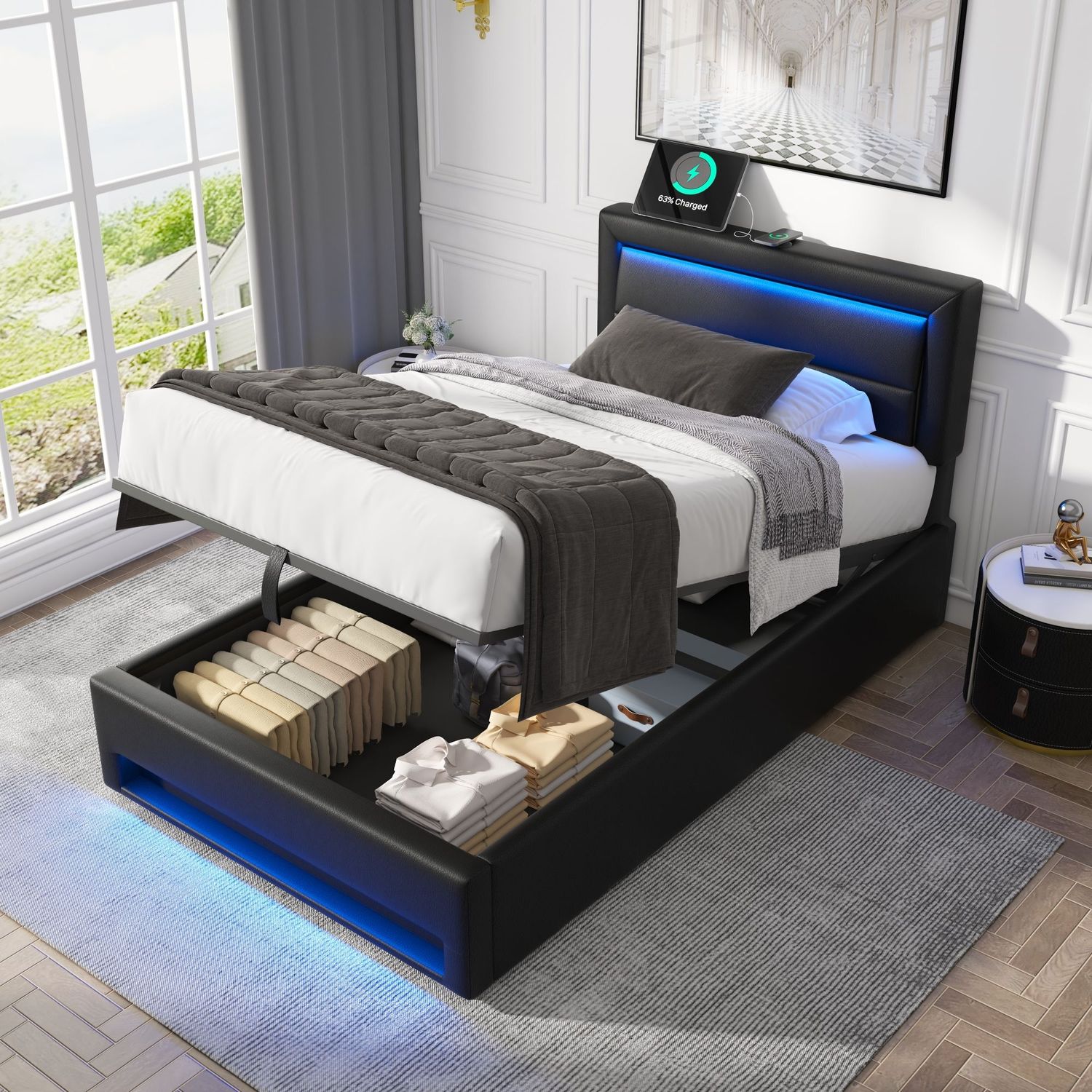 Polsterbett 90×190 cm mit LED, USB-Ladefunktion und Bettkasten, Schwarz Bild 1
