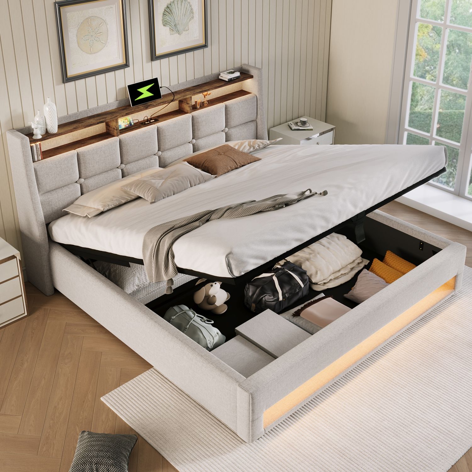 Polsterbett 140x200 cm aus Leinen mit USB und LED-Beleuchtung – Stauraum & gepolstertes Kopfteil Bild 1