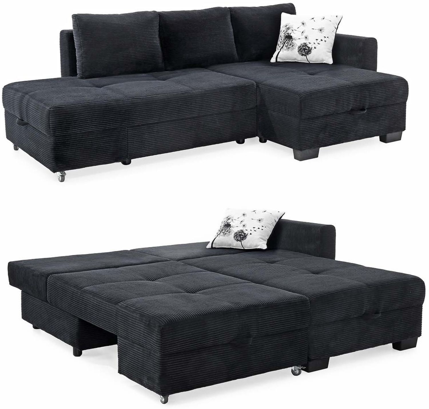 Ecksofa Schwenkfunktion Doppelbett Schlafcouch Bettkasten Cordbezug in Schwarz Bild 1