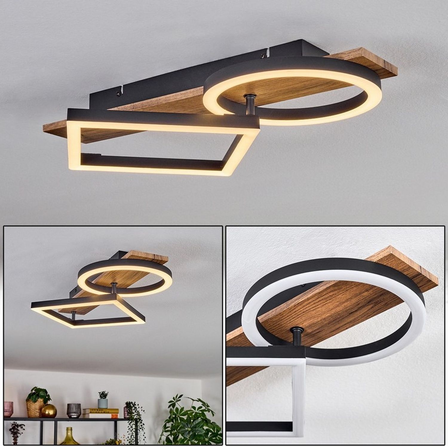 hofstein Deckenleuchte Deckenlampe aus Metall/Holz/Kunststoff in Schwarz/Braun/Weiß, 3000 Kelvin, Deckenleuchte im modernen Design, 18 Watt, 3000 Kelvin Bild 1